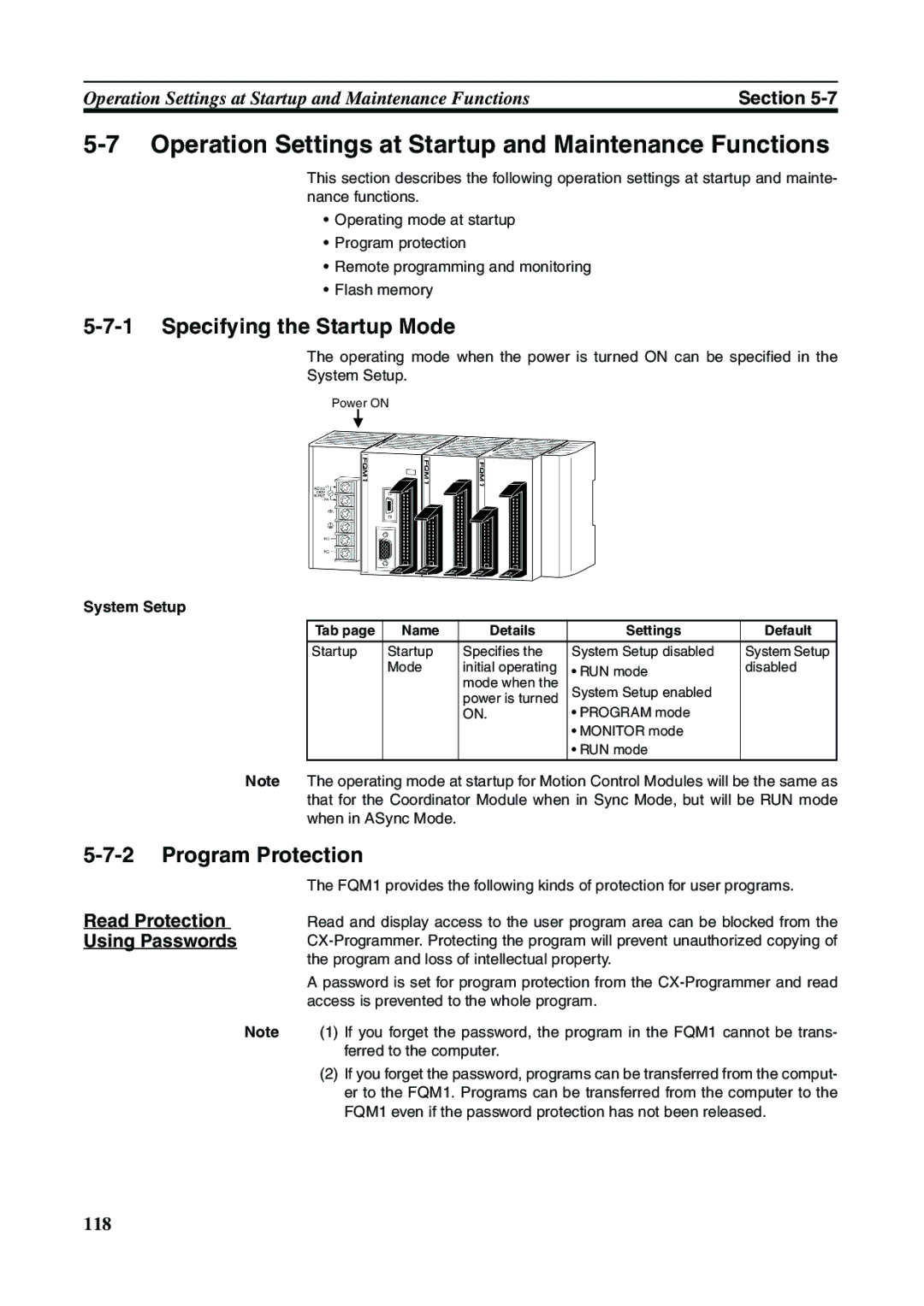 Omron FQM1-CM001 Operation Settings at Startup and Maintenance Functions, Specifying the Startup Mode, Program Protection 