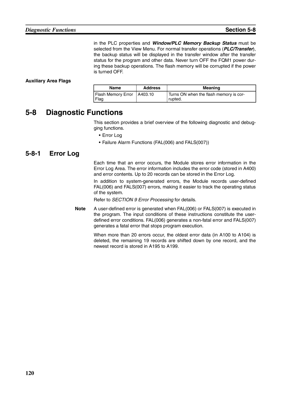 Omron FQM1-MMP21, FQM1-CM001, FQM1-MMA21 Diagnostic Functions, Error Log, Auxiliary Area Flags, Name Address Meaning 