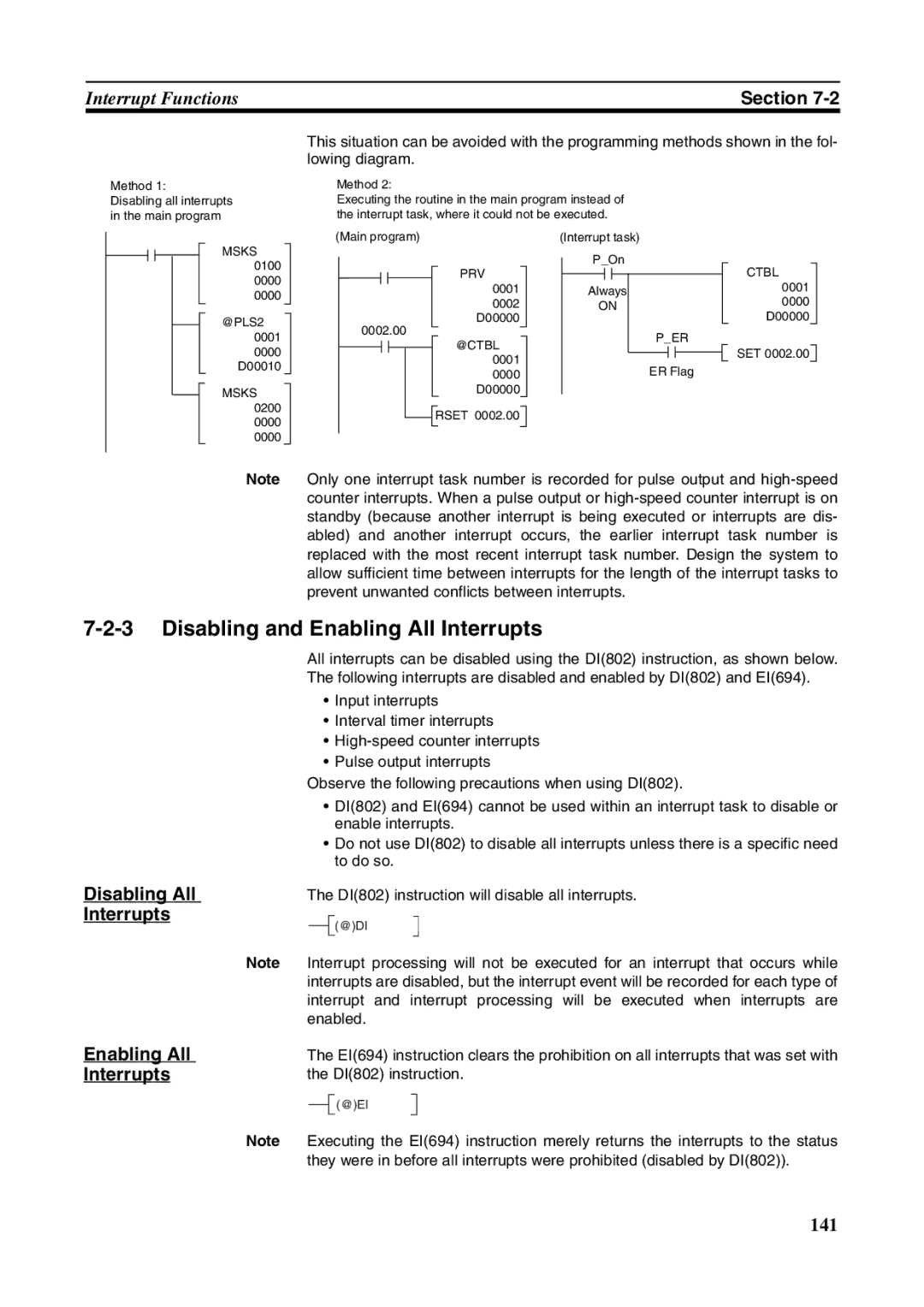 Omron FQM1-MMP21, FQM1-CM001, FQM1-MMA21 operation manual Disabling and Enabling All Interrupts, Disabling All Interrupts 