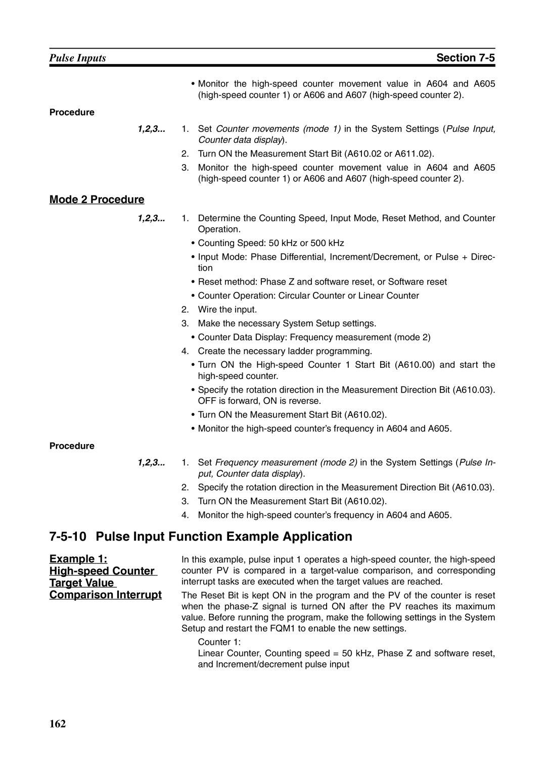 Omron FQM1-MMP21, FQM1-CM001, FQM1-MMA21 operation manual Pulse Input Function Example Application, Mode 2 Procedure 