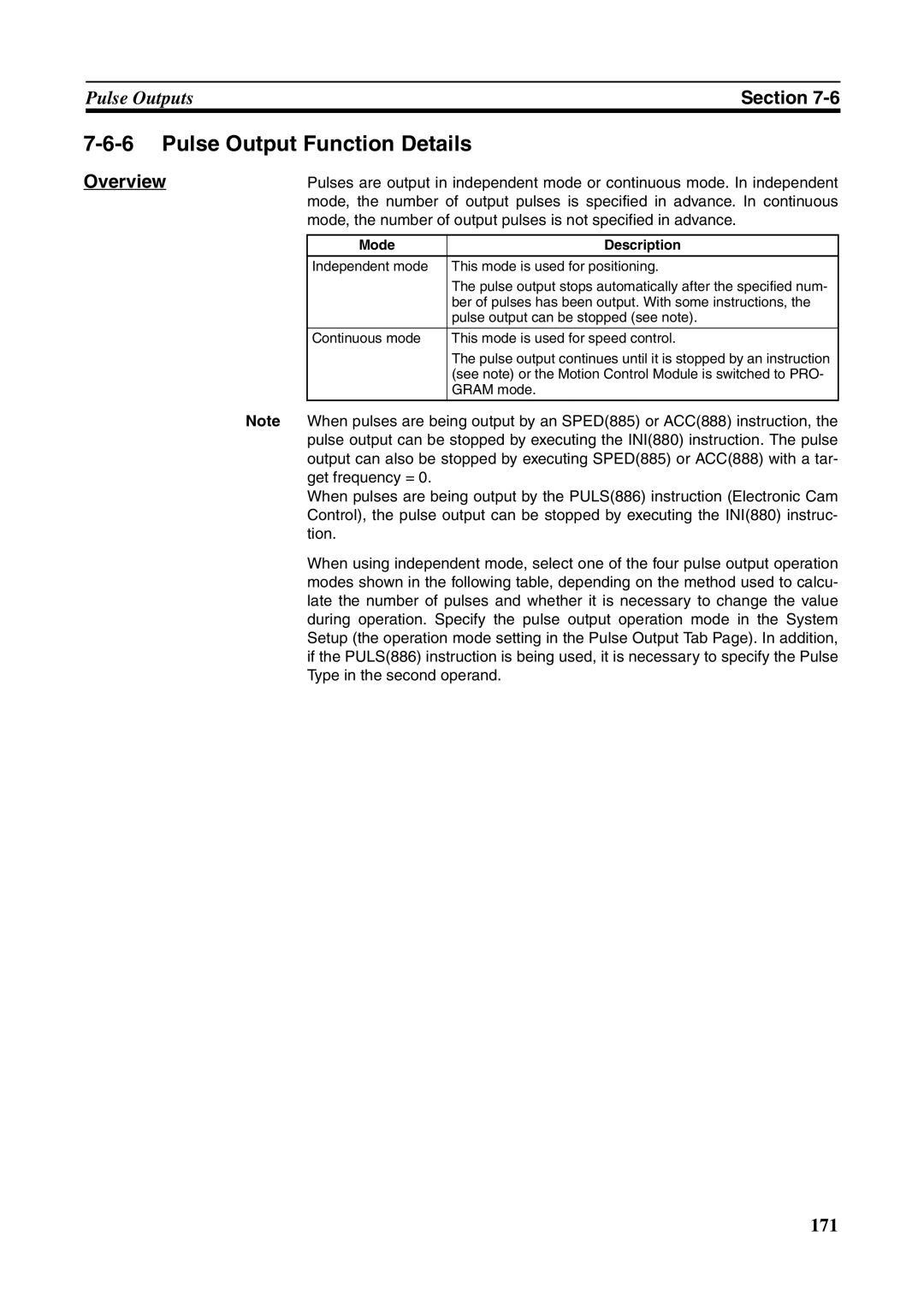 Omron FQM1-MMP21, FQM1-CM001, FQM1-MMA21 operation manual Pulse Output Function Details, Mode Description 