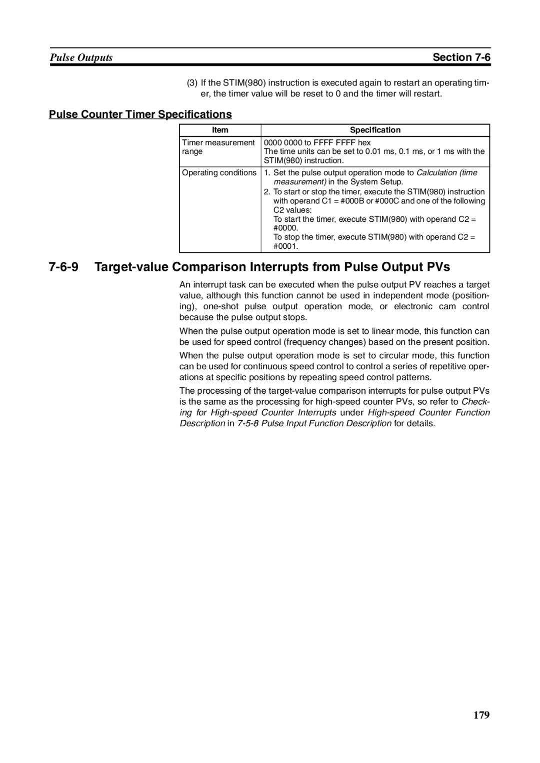 Omron FQM1-MMA21, FQM1-CM001 Target-value Comparison Interrupts from Pulse Output PVs, Pulse Counter Timer Specifications 