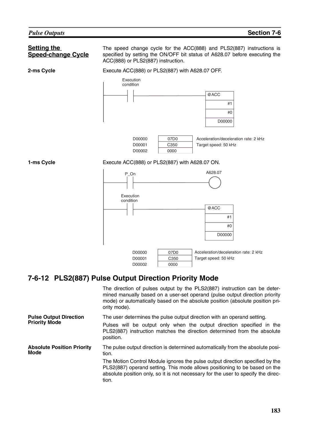 Omron FQM1-MMP21, FQM1-CM001 12 PLS2887 Pulse Output Direction Priority Mode, Setting, Speed-change Cycle, Ms Cycle 