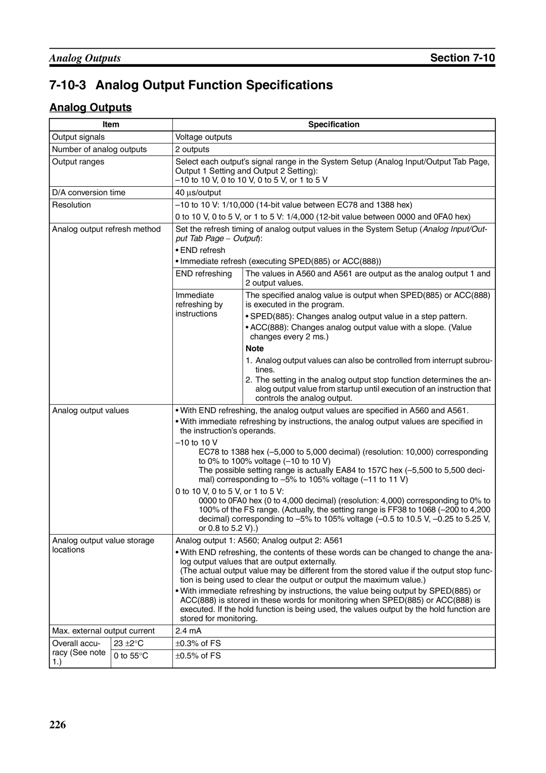 Omron FQM1-CM001, FQM1-MMA21, FQM1-MMP21 operation manual Analog Output Function Specifications, Analog Outputs 