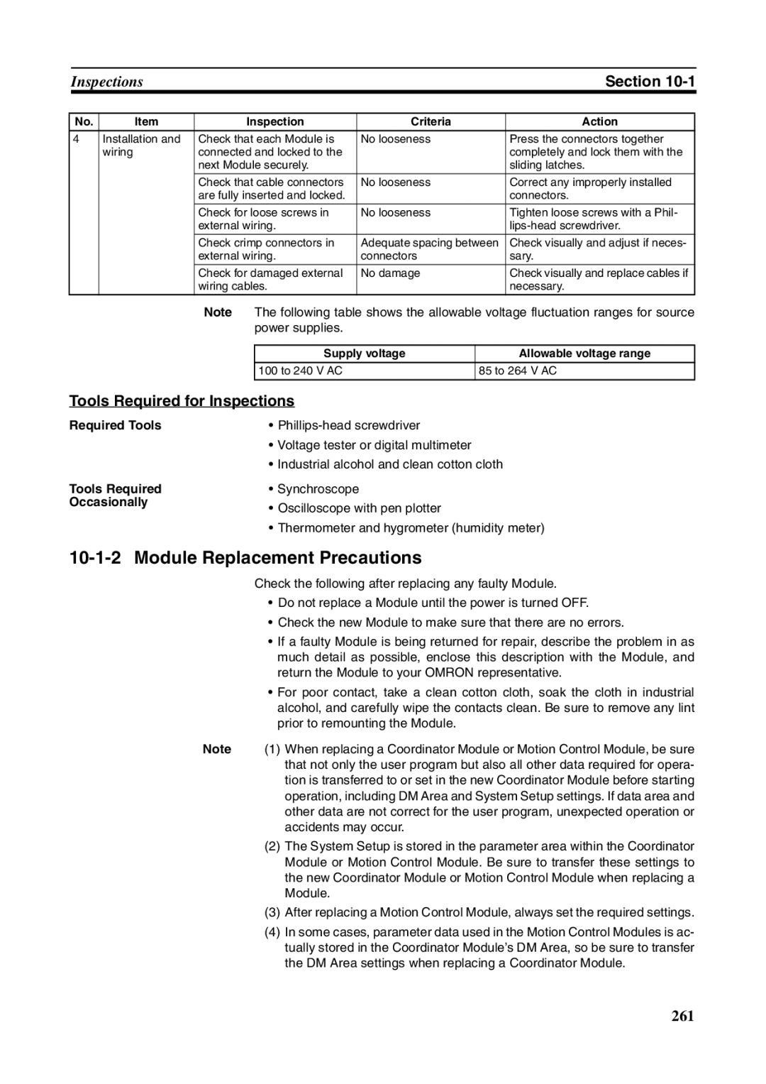 Omron FQM1-MMP21, FQM1-CM001 Module Replacement Precautions, Tools Required for Inspections, Required Tools, Occasionally 