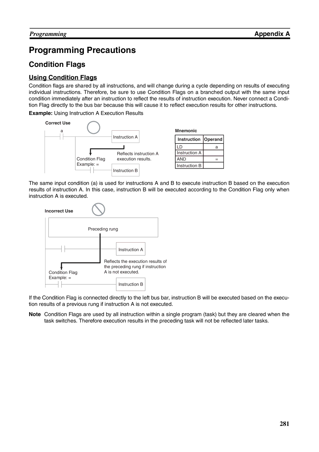 Omron FQM1-MMA21, FQM1-CM001, FQM1-MMP21 operation manual Programming Precautions, Using Condition Flags 