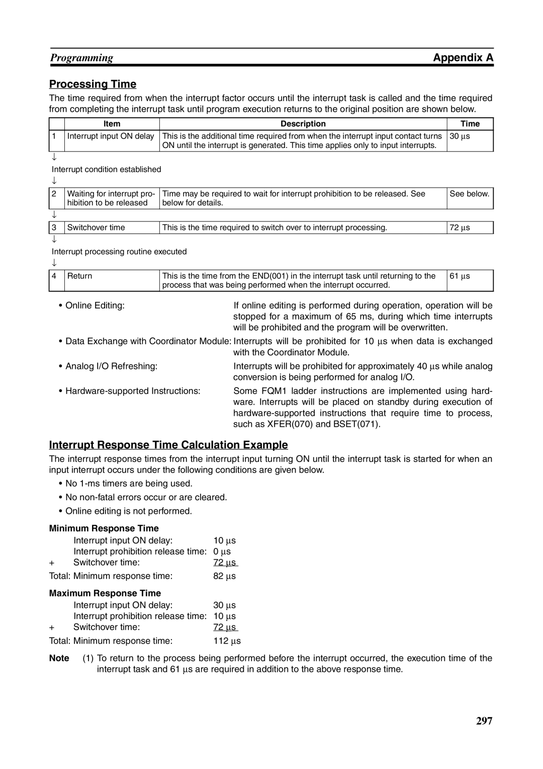 Omron FQM1-MMP21 Processing Time, Interrupt Response Time Calculation Example, Minimum Response Time, Description Time 