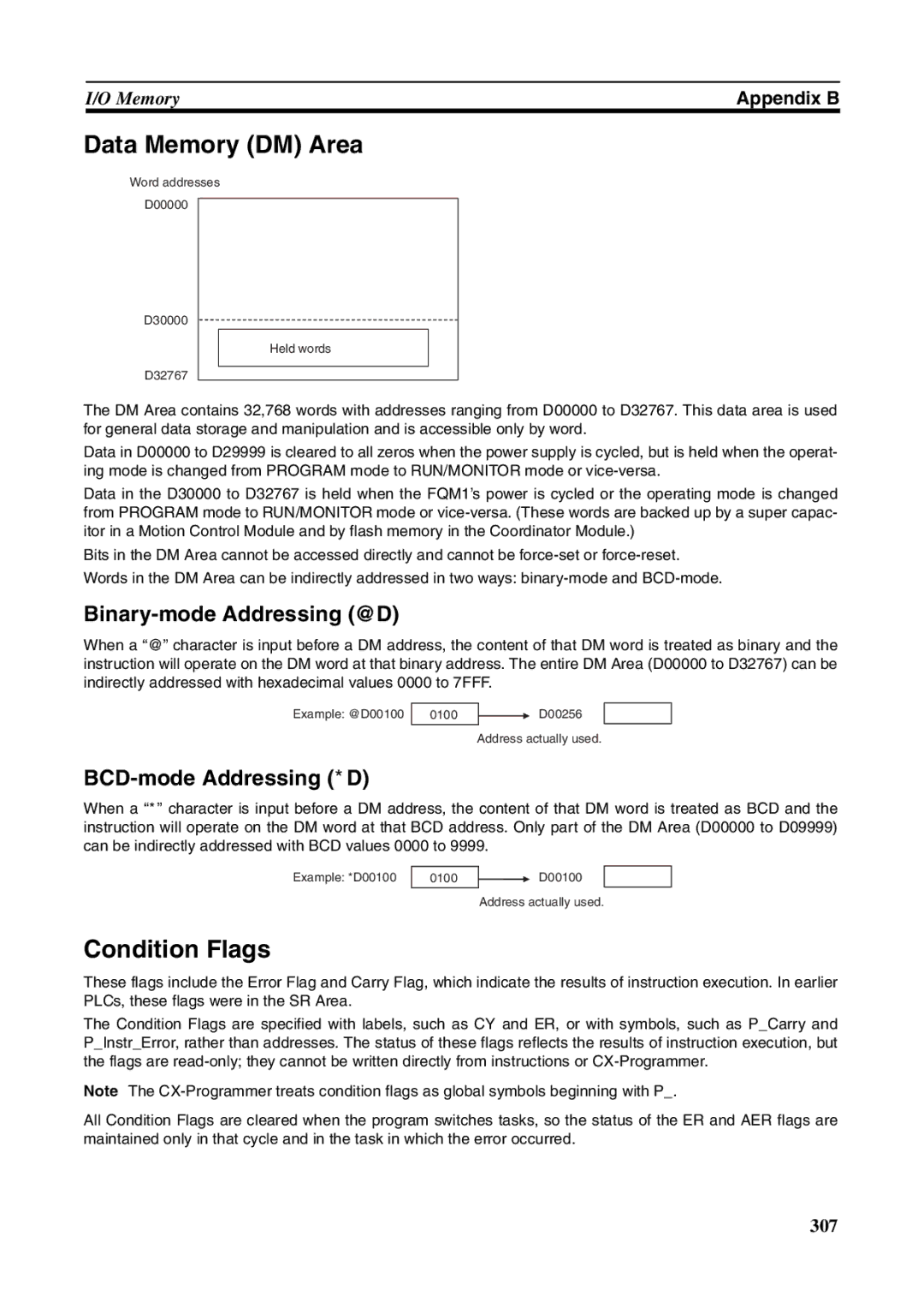 Omron FQM1-CM001, FQM1-MMA21 Data Memory DM Area, Condition Flags, Binary-mode Addressing @D, BCD-mode Addressing *D 