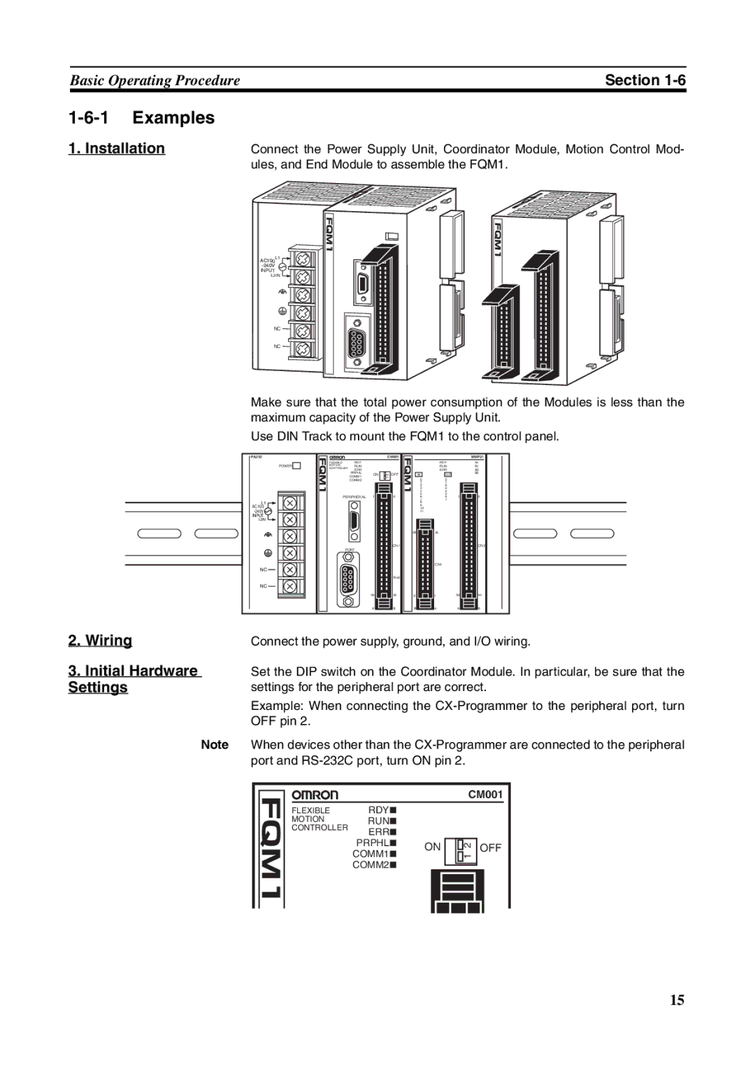 Omron FQM1-MMP21, FQM1-CM001, FQM1-MMA21 operation manual Examples, Installation, Wiring Initial Hardware Settings 