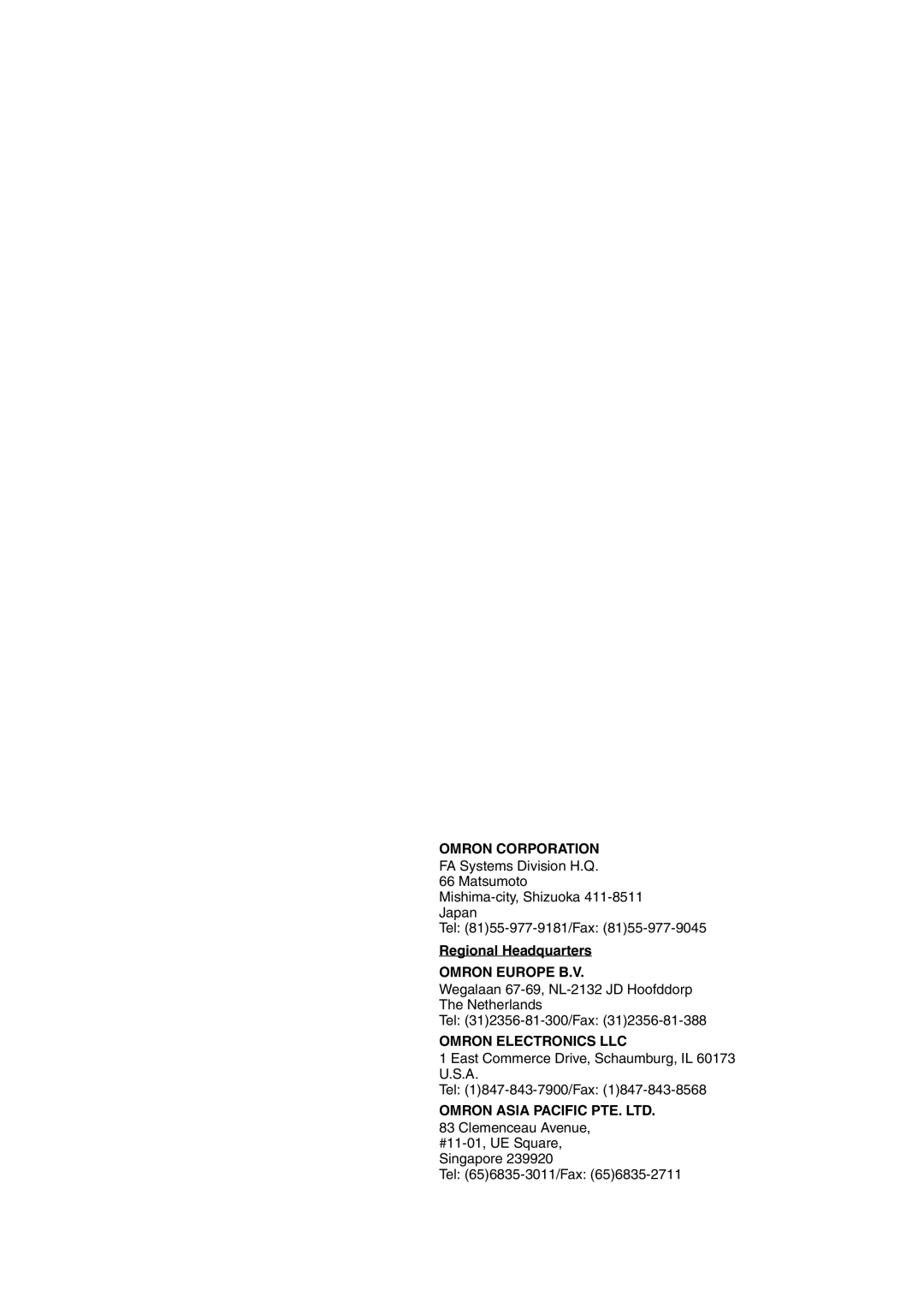 Omron FQM1-MMA21, FQM1-CM001, FQM1-MMP21 operation manual Omron Corporation, Regional Headquarters 