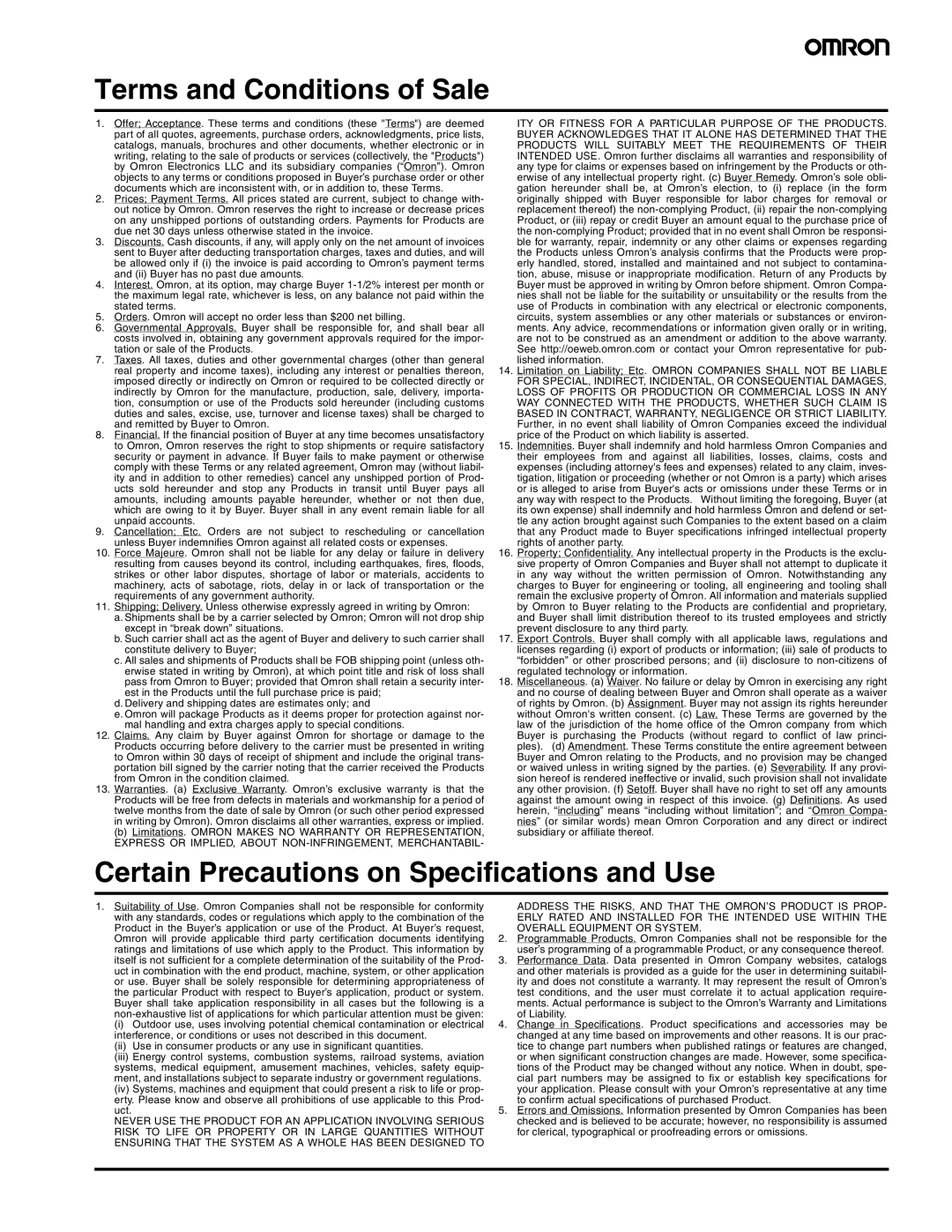 Omron FQM1-MMP21, FQM1-CM001, FQM1-MMA21 operation manual Terms and Conditions of Sale 