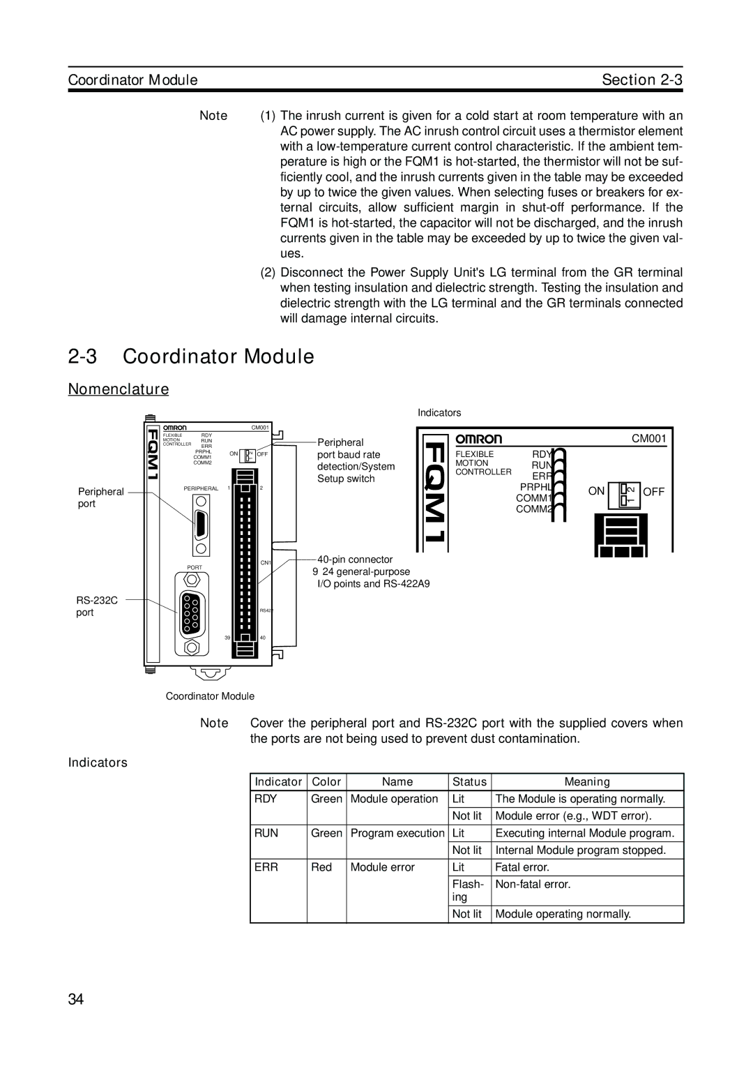 Omron FQM1-CM001, FQM1-MMA21, FQM1-MMP21 Coordinator Module, Nomenclature, Indicators, Indicator Color Name Status Meaning 