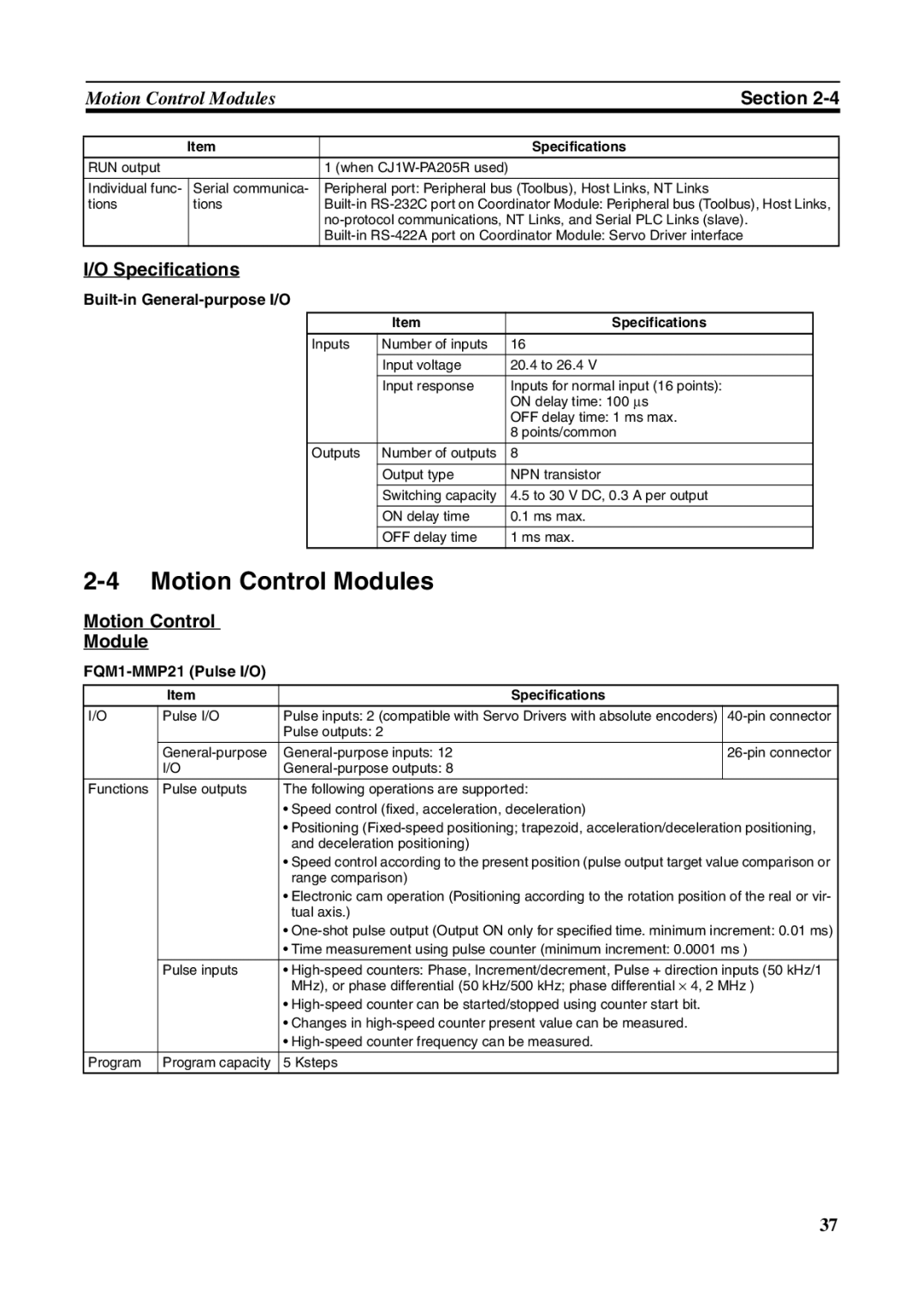 Omron FQM1-CM001, FQM1-MMA21 Motion Control Modules, Specifications, Built-in General-purpose I/O, FQM1-MMP21 Pulse I/O 