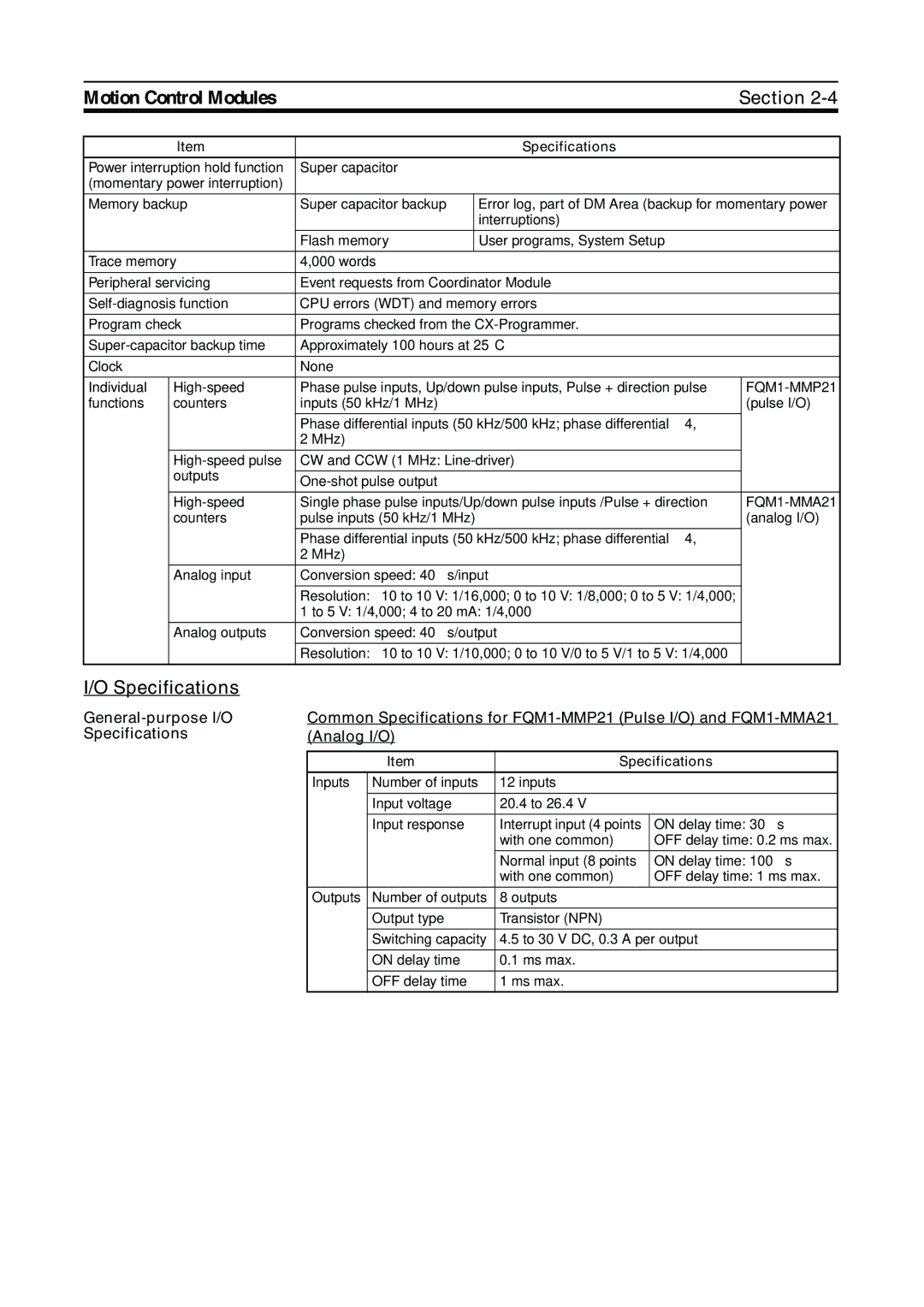 Omron FQM1-CM001, FQM1-MMA21, FQM1-MMP21 operation manual Specifications 