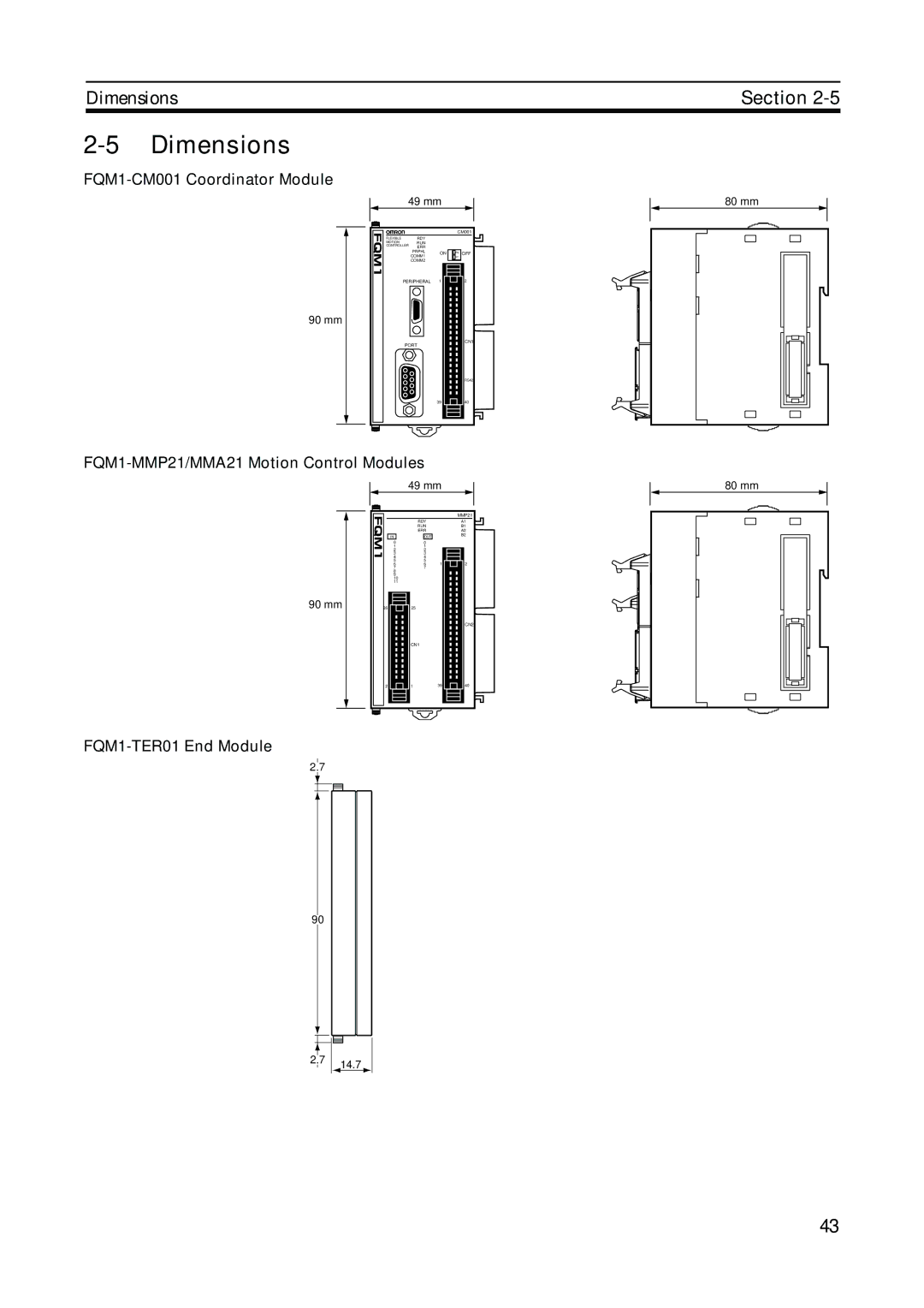 Omron FQM1-MMA21, FQM1-MMP21 operation manual Dimensions, FQM1-CM001 Coordinator Module, FQM1-TER01 End Module 