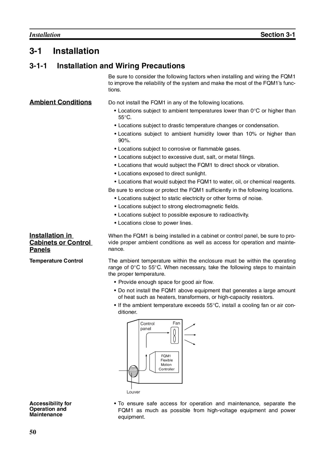 Omron FQM1-MMA21 Installation and Wiring Precautions, Temperature Control, Accessibility for Operation and Maintenance 