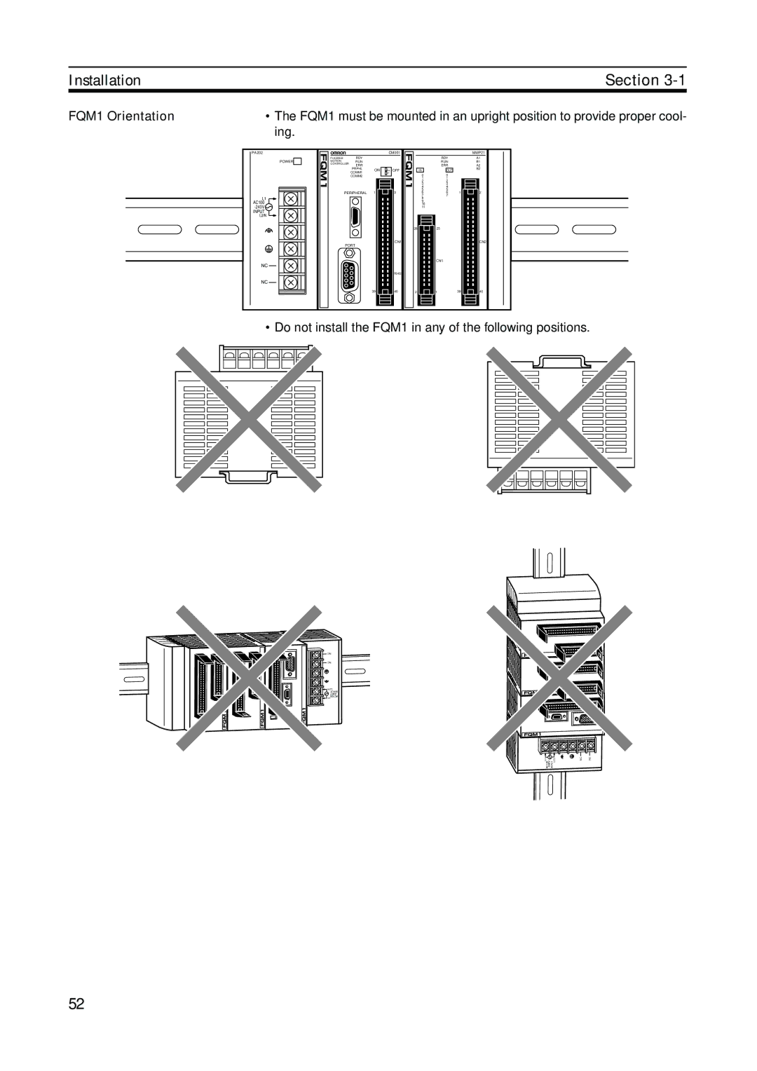 Omron FQM1-CM001, FQM1-MMA21, FQM1-MMP21 FQM1 Orientation, Ing, Do not install the FQM1 in any of the following positions 