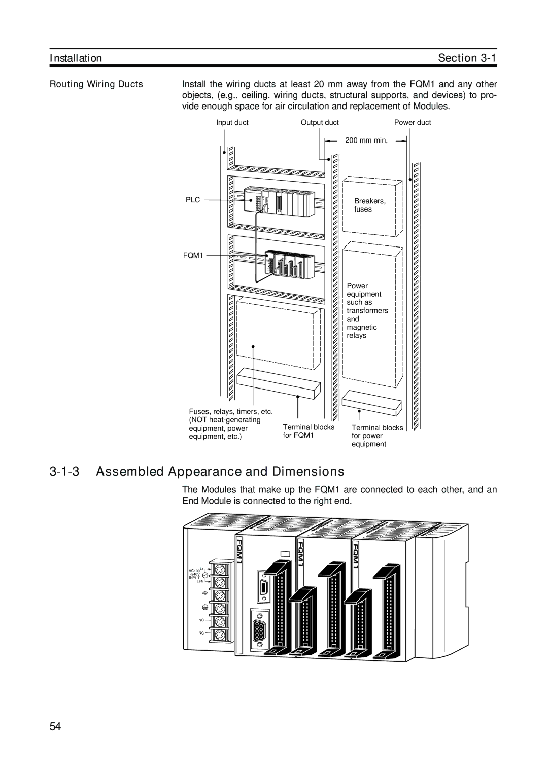 Omron FQM1-MMP21, FQM1-CM001, FQM1-MMA21 operation manual Assembled Appearance and Dimensions, Routing Wiring Ducts, PLC FQM1 