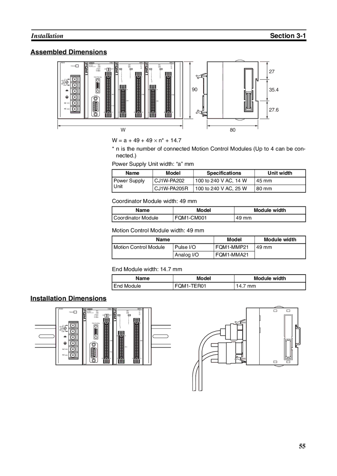 Omron FQM1-CM001 Assembled Dimensions, Installation Dimensions, Coordinator Module width 49 mm, End Module width 14.7 mm 