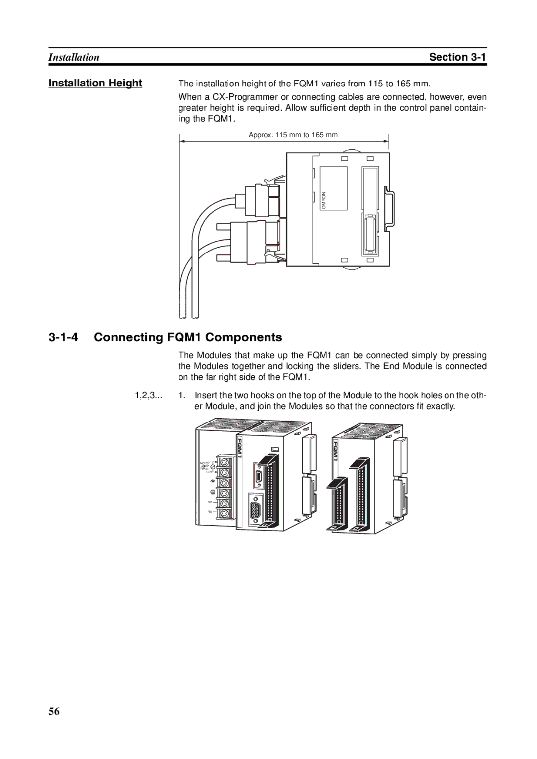 Omron FQM1-MMA21, FQM1-CM001, FQM1-MMP21 operation manual Connecting FQM1 Components, Installation Height 