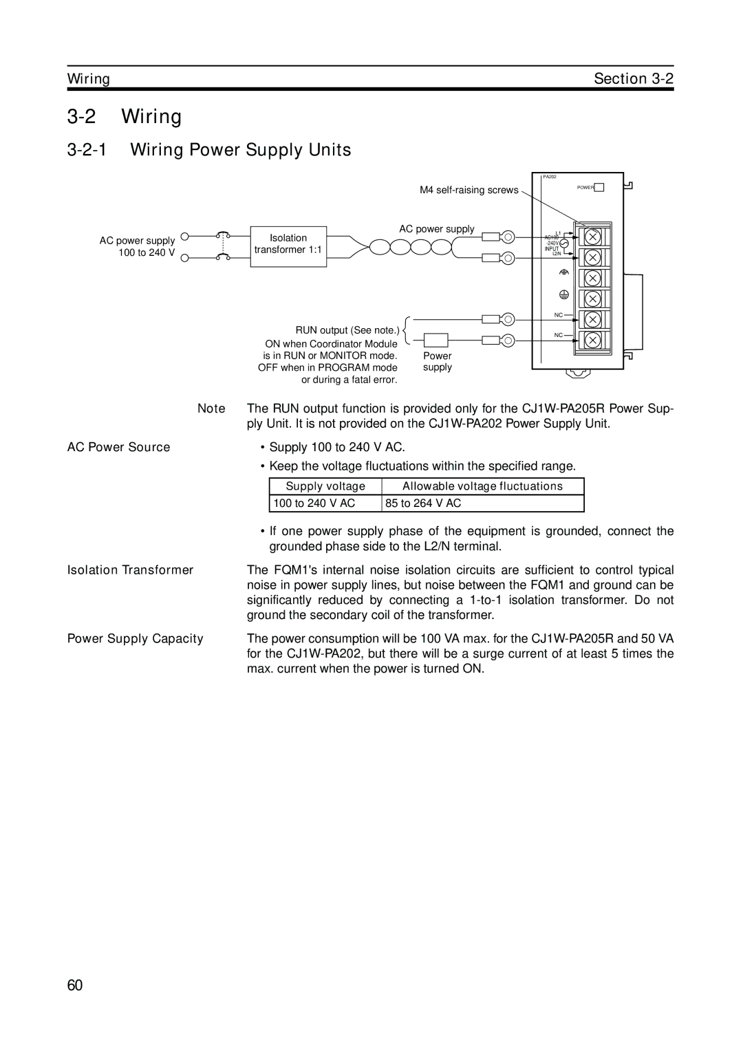 Omron FQM1-MMP21, FQM1-CM001 Wiring Power Supply Units, AC Power Source, Isolation Transformer, Power Supply Capacity 