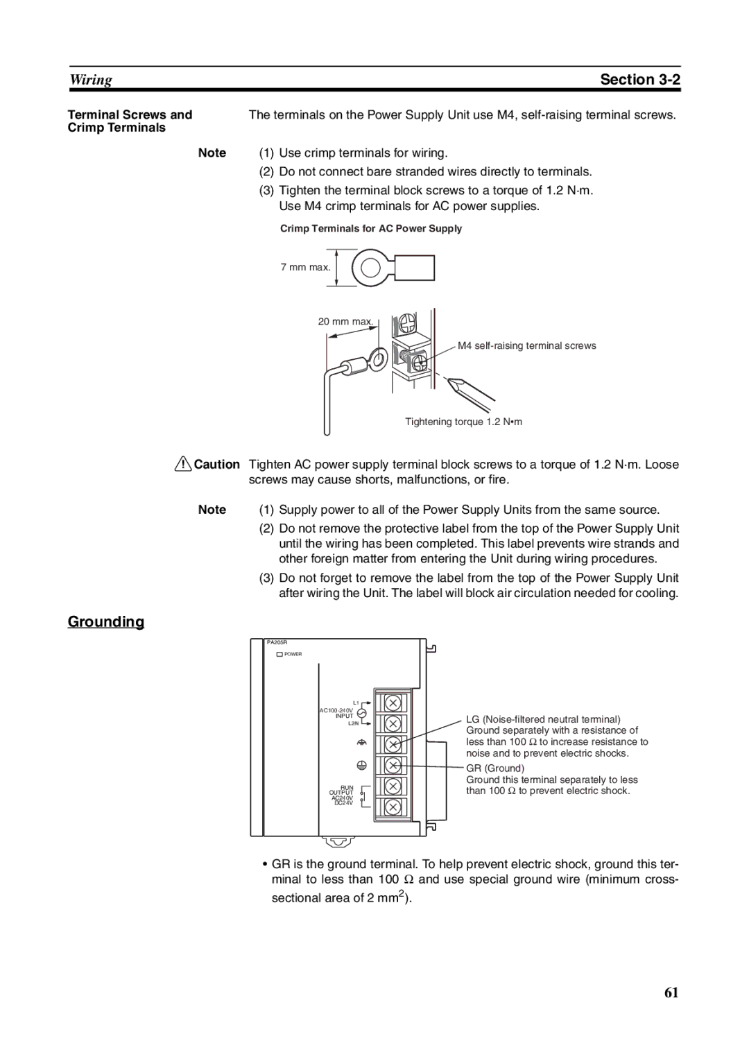 Omron FQM1-CM001, FQM1-MMA21, FQM1-MMP21 operation manual Grounding, Terminal Screws, Crimp Terminals 