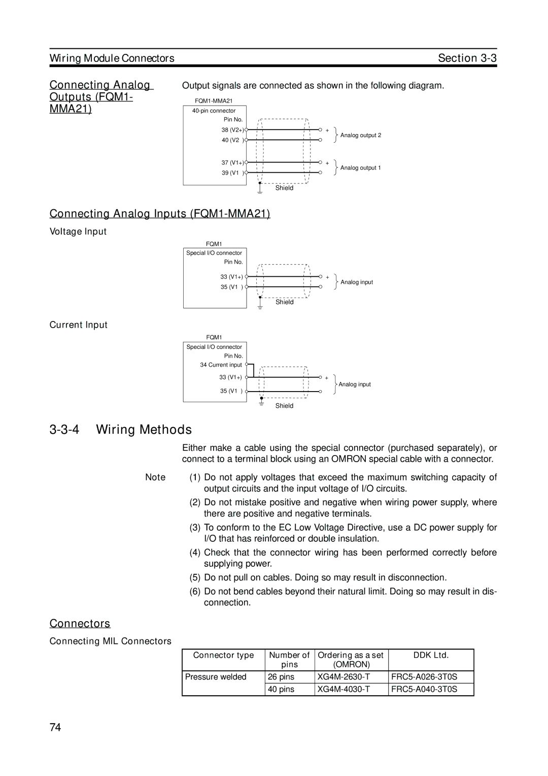 Omron FQM1-CM001 Wiring Methods, Connecting Analog Outputs FQM1 MMA21, Connecting Analog Inputs FQM1-MMA21, Connectors 