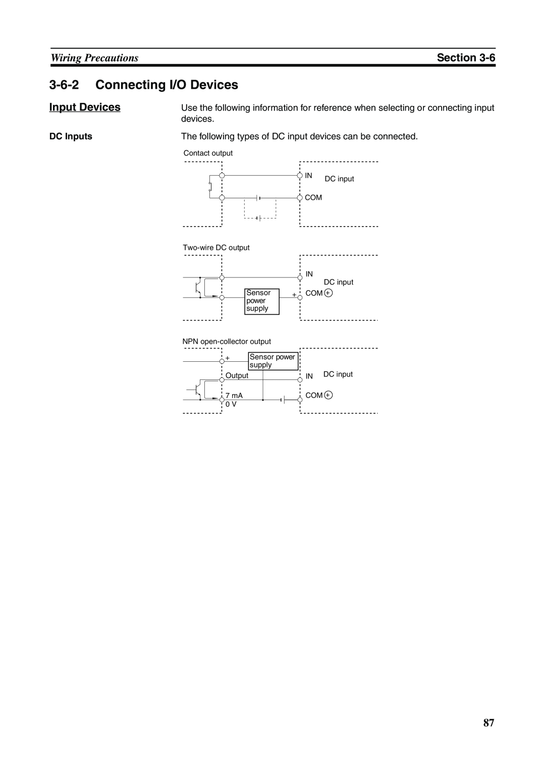 Omron FQM1-MMP21, FQM1-CM001, FQM1-MMA21 3-6-2Connecting I/O Devices, Wiring Precautions, Section, Input Devices, DC Inputs 