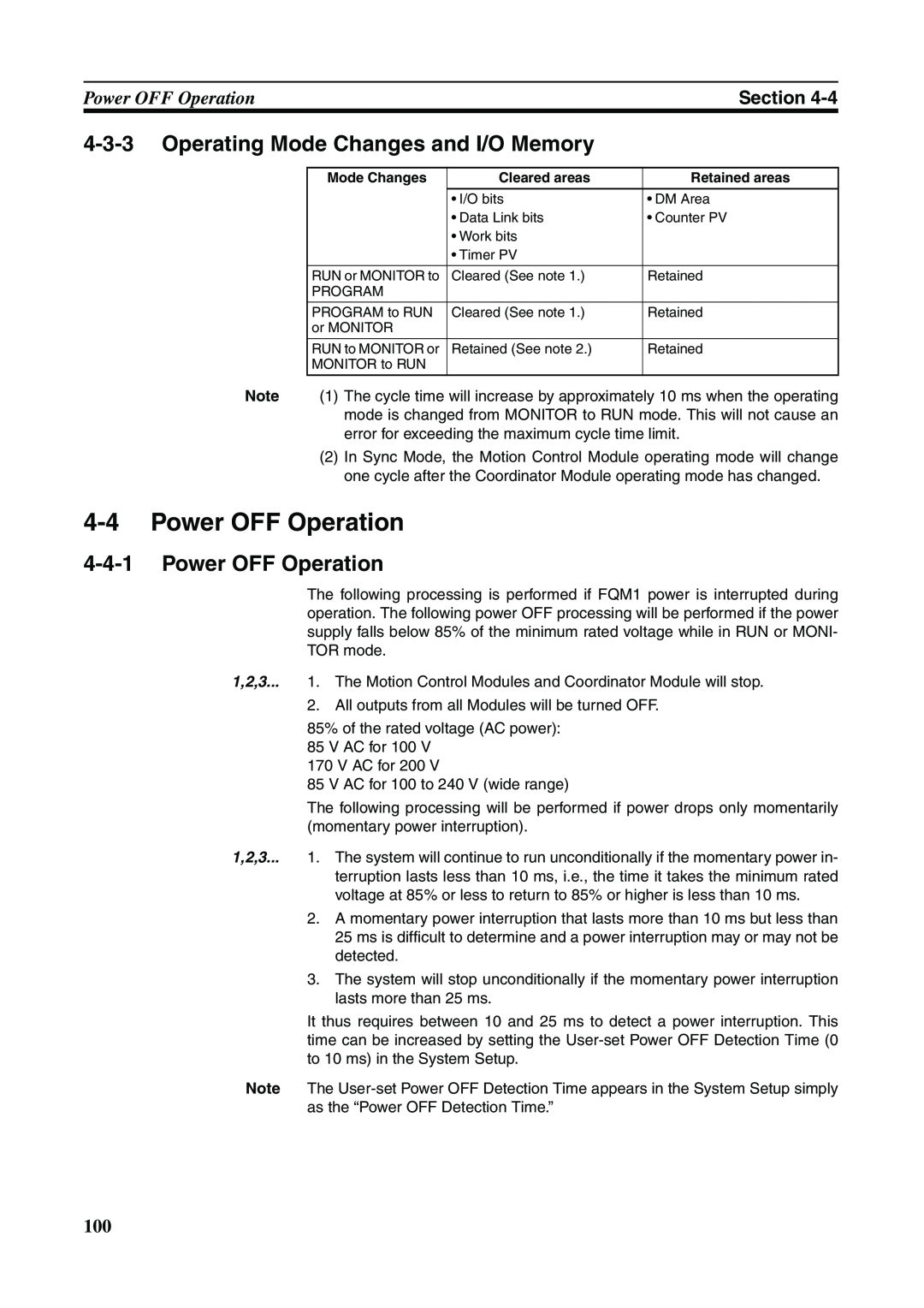 Omron FQM1-CM001, FQM1-MMA21 4-4Power OFF Operation, 4-3-3Operating Mode Changes and I/O Memory, 4-4-1Power OFF Operation 