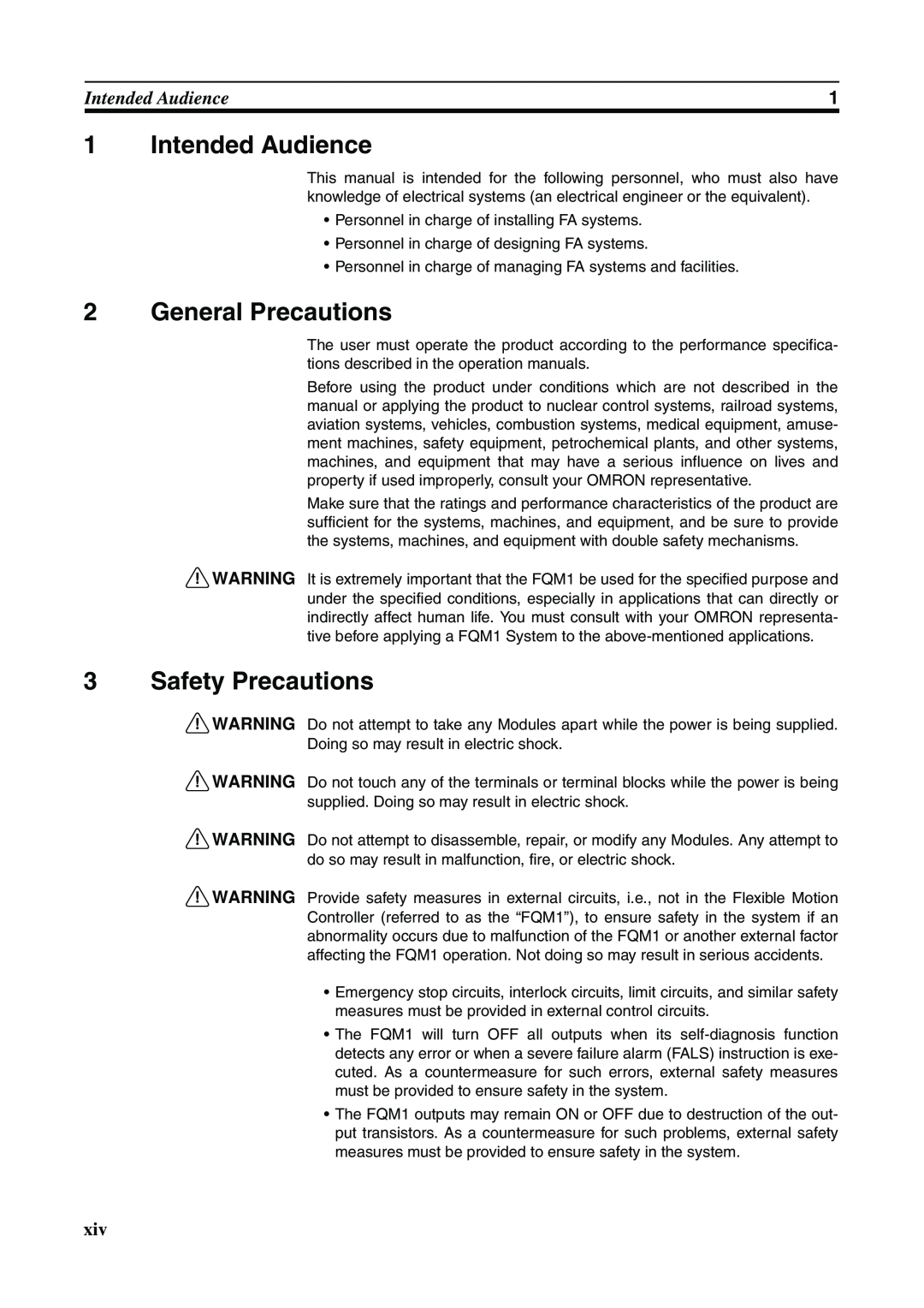 Omron FQM1-MMA21, FQM1-CM001, FQM1-MMP21 operation manual Intended Audience, General Precautions, Safety Precautions 