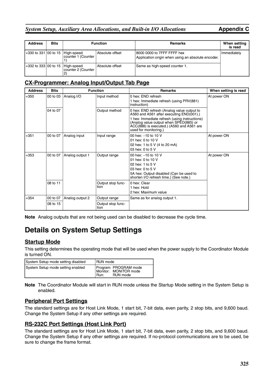 Omron FQM1-CM001 Details on System Setup Settings, Appendix C, CX-Programmer:Analog Input/Output Tab Page, Startup Mode 