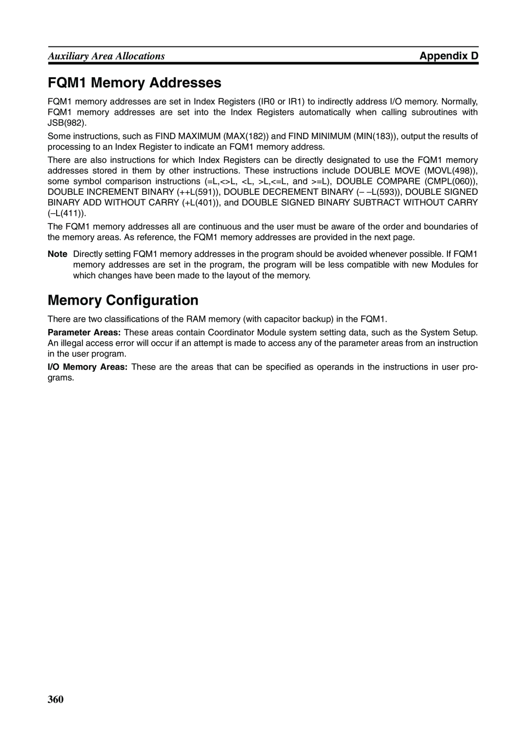 Omron FQM1-MMP21, FQM1-CM001 FQM1 Memory Addresses, Memory Configuration, Auxiliary Area Allocations, Appendix D 