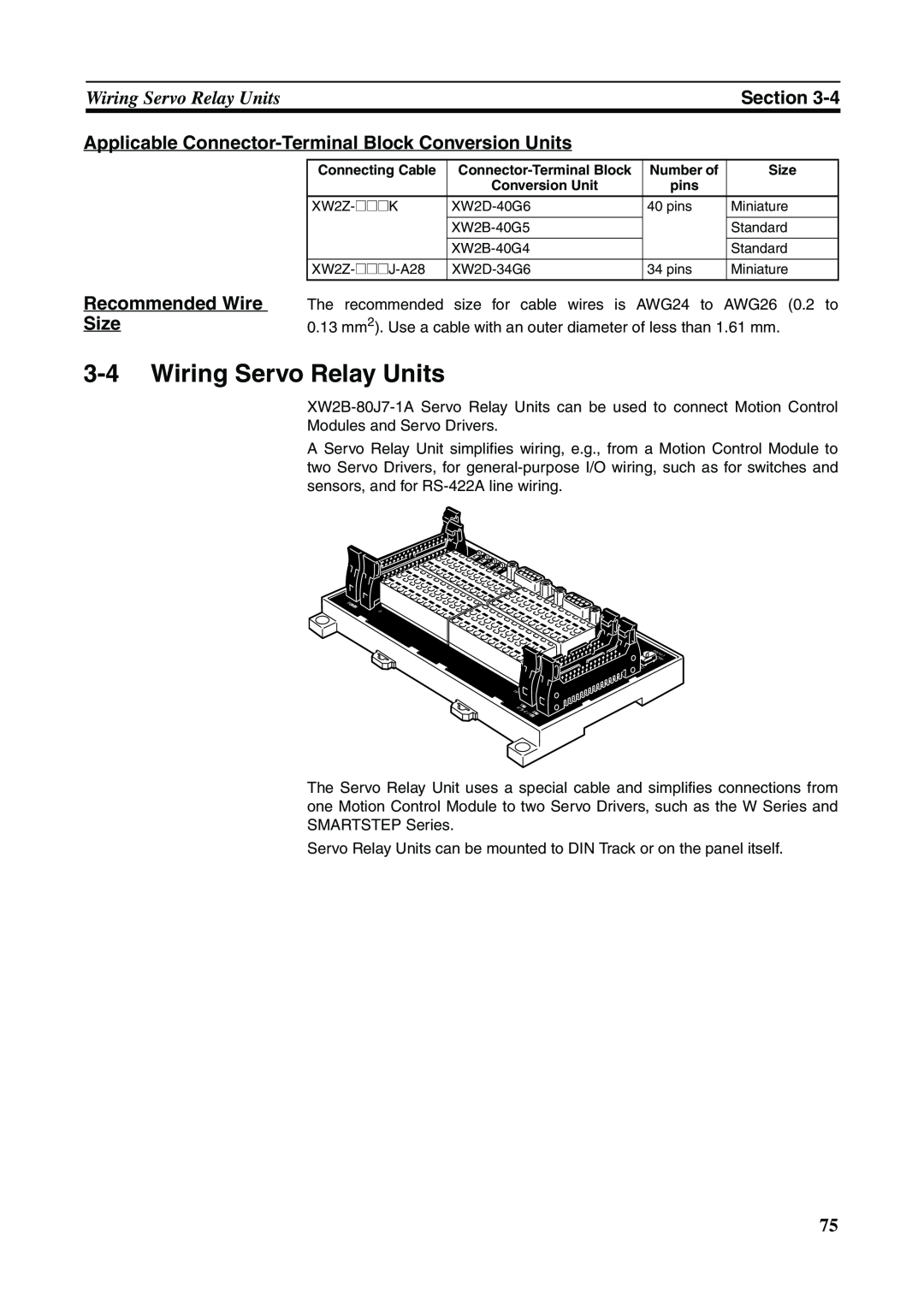 Omron FQM1-MMP21, FQM1-CM001, FQM1-MMA21 operation manual 3-4Wiring Servo Relay Units, Section, Recommended Wire Size 