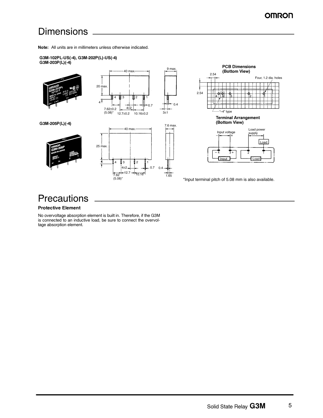 Omron G3M manual Dimensions, Precautions, Protective Element 