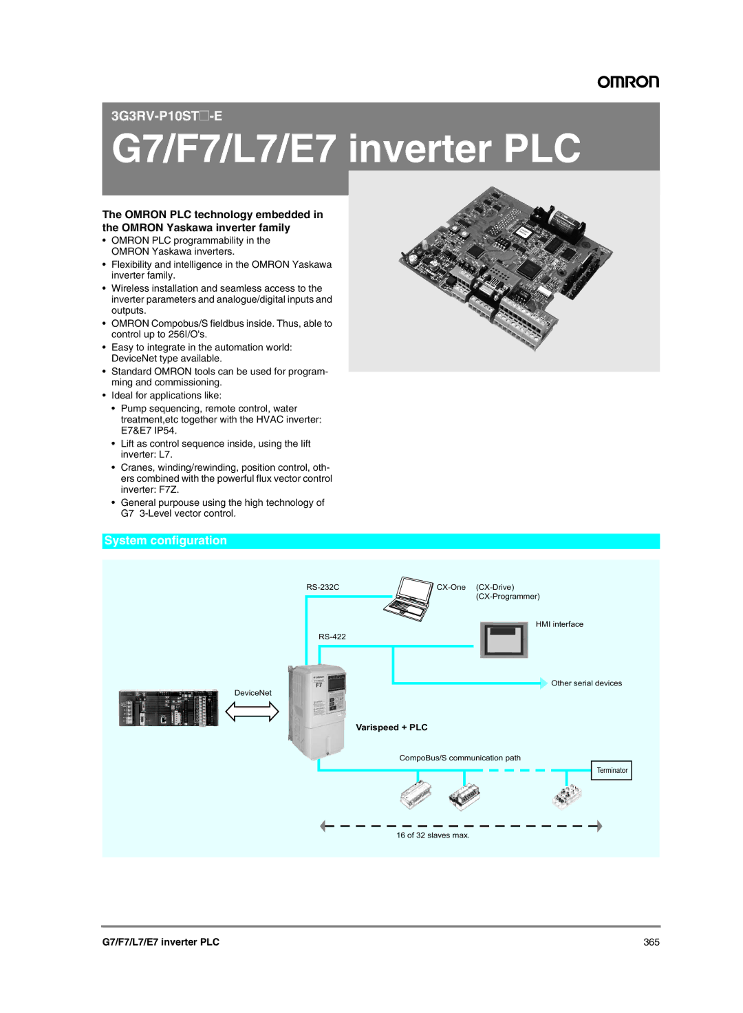 Omron G7, F7, L7, E7 manual System configuration, G7/F7/L7/E7 inverter PLC 365 