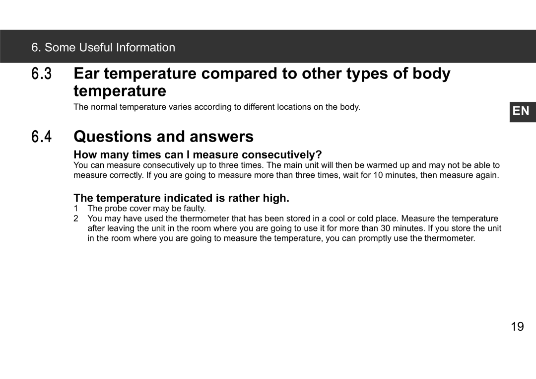 Omron Gentle Temp 520 instruction manual Ear temperature compared to other types of body Temperature, Questions and answers 