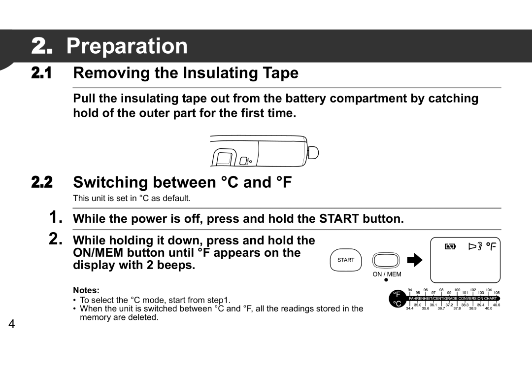 Omron Gentle Temp 520 instruction manual Preparation, Removing the Insulating Tape, Switching between C and F 