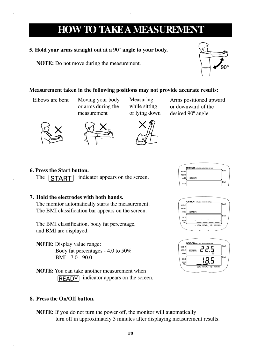 Omron HBF 306C instruction manual Press the Start button, Hold the electrodes with both hands 