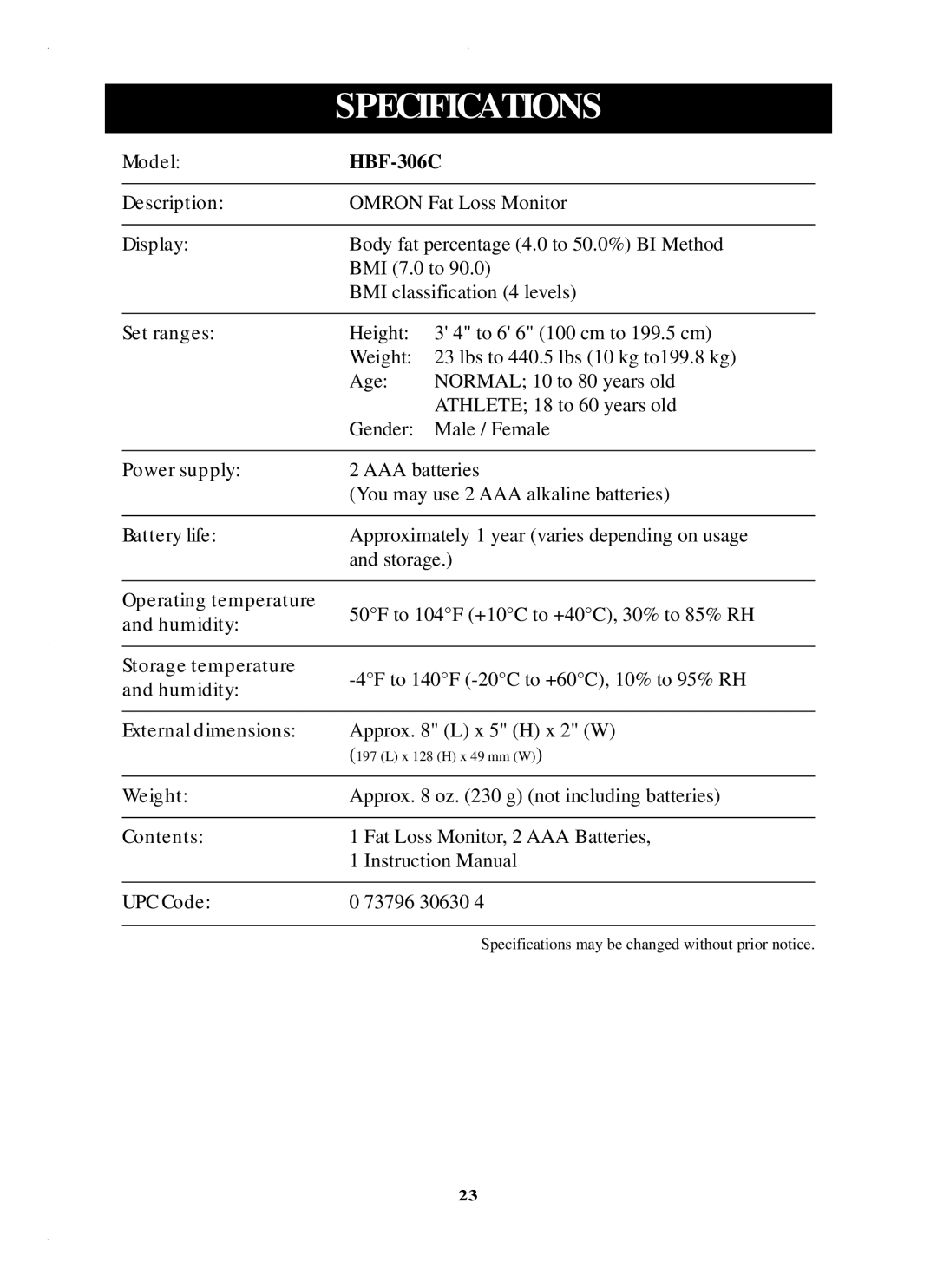 Omron HBF 306C instruction manual Specificationssdgsdgs, HBF-306C 