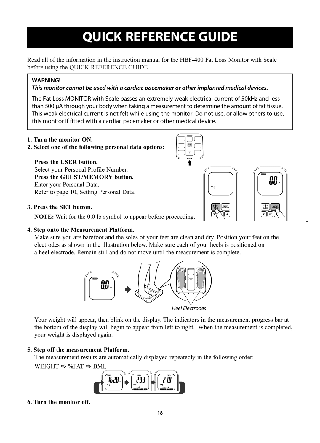 Omron HBF-400 instruction manual Quick Reference Guide, Press the GUEST/MEMORY button, Step off the measurement Platform 