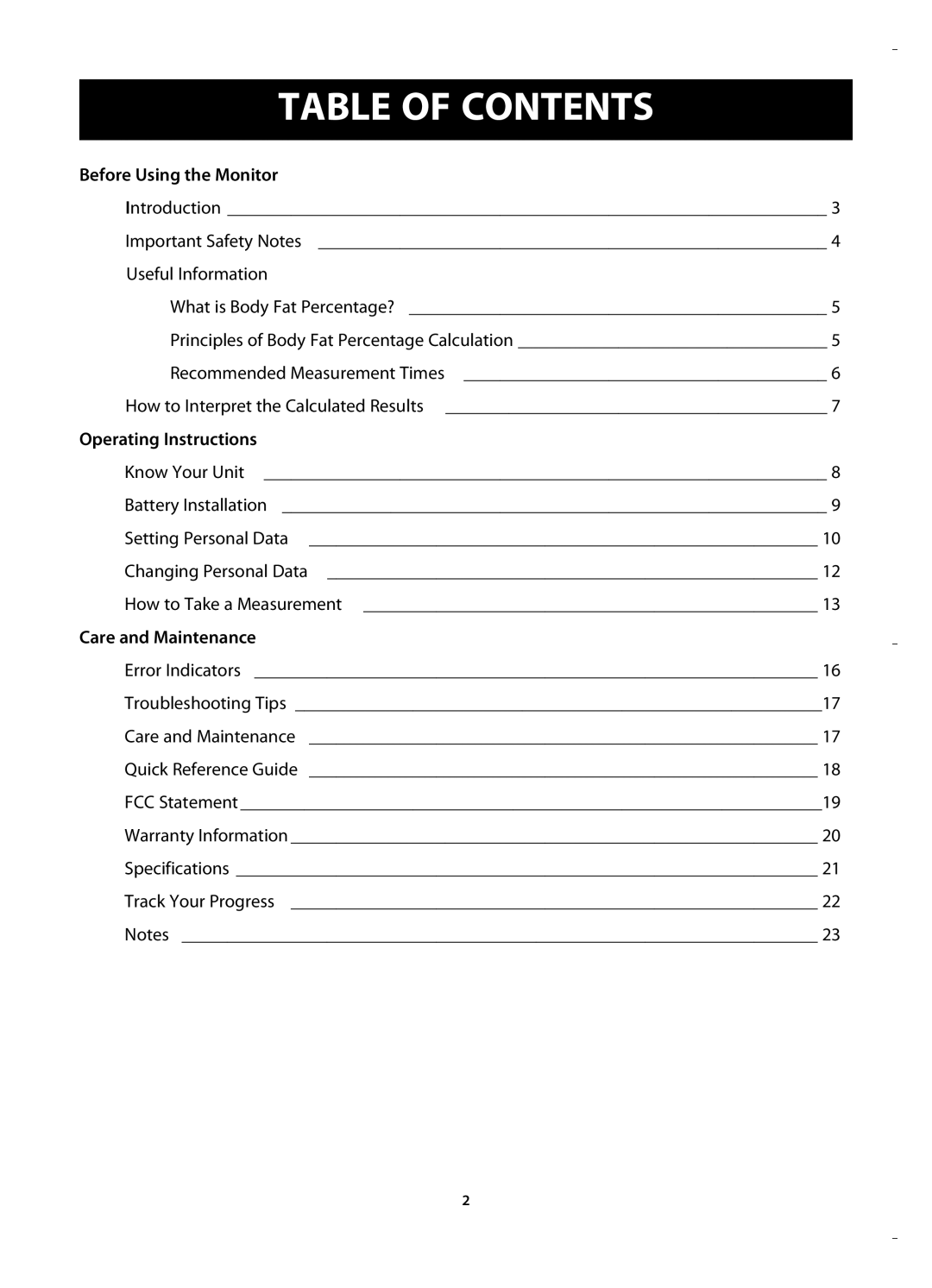 Omron HBF-400 instruction manual Table of Contents 