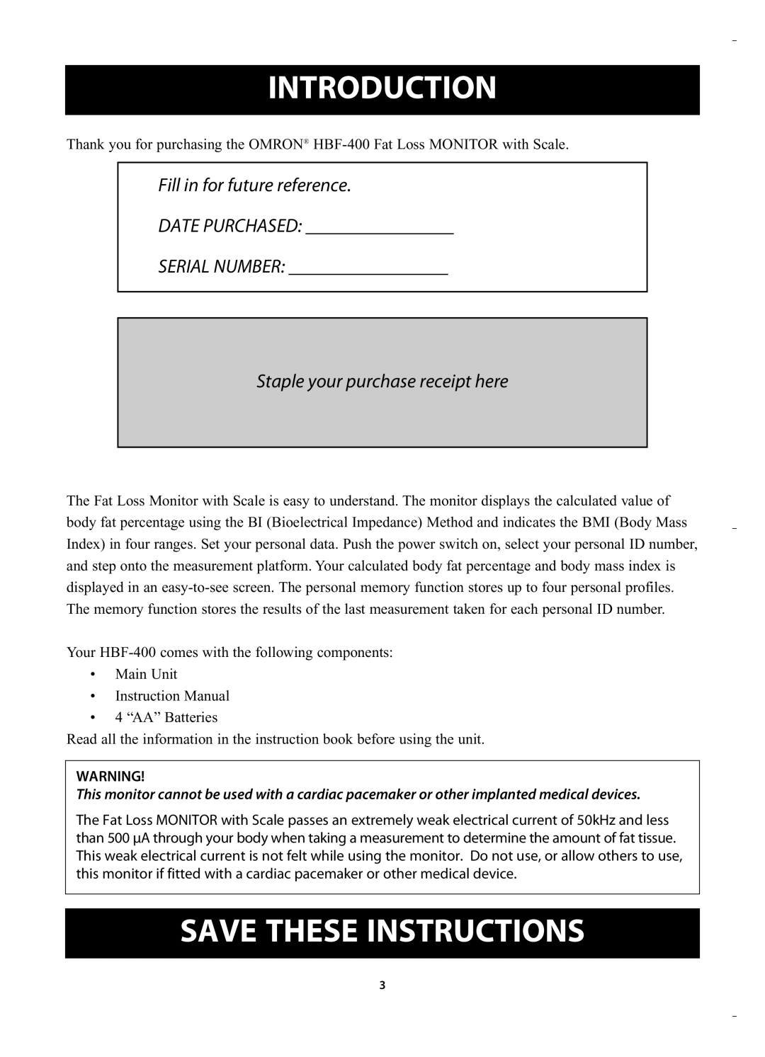 Omron HBF-400 instruction manual Introduction, Date Purchased Serial Number 