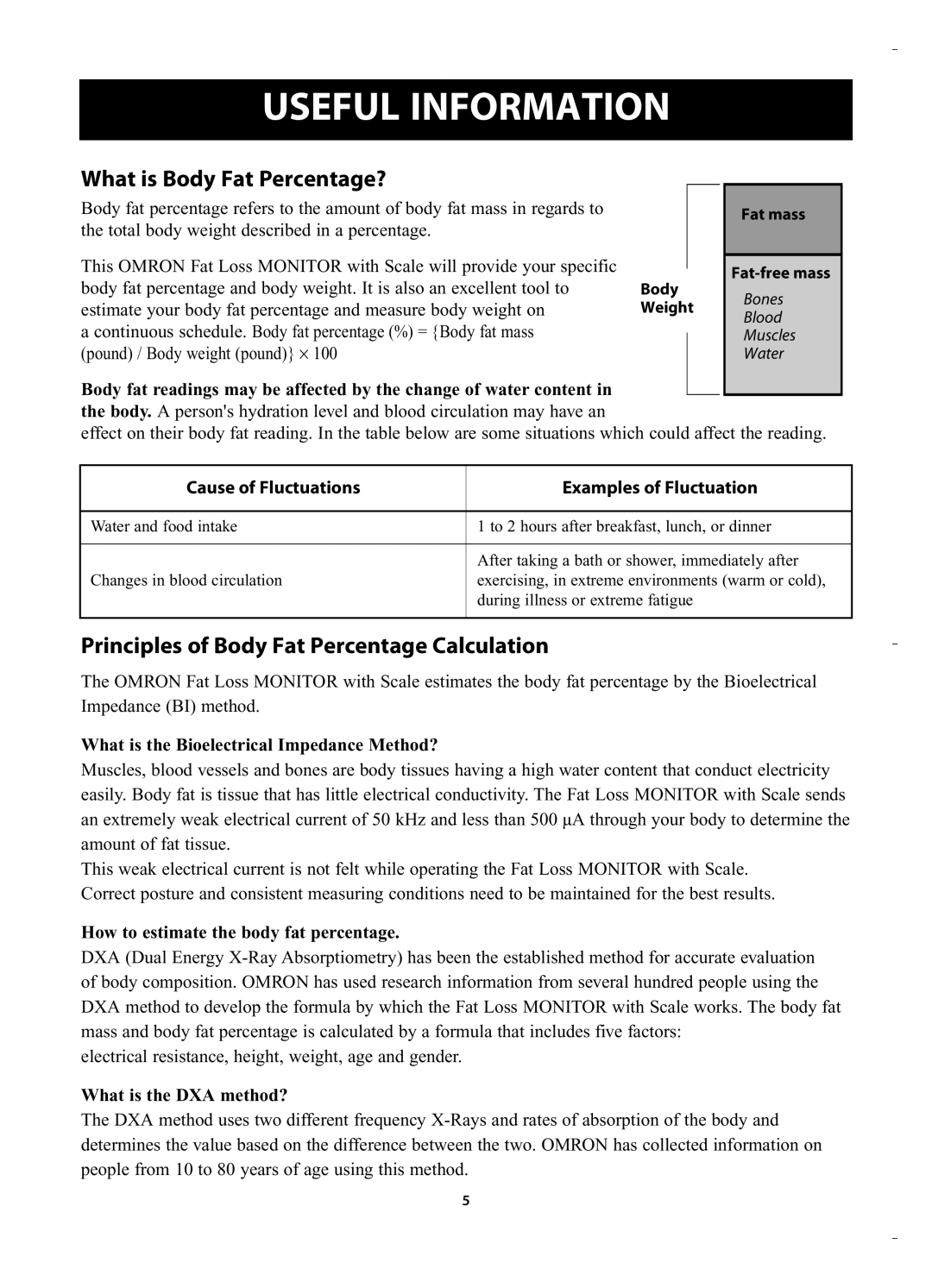 Omron HBF-400 Useful Information, Cause of Fluctuations Examples of Fluctuation, How to estimate the body fat percentage 