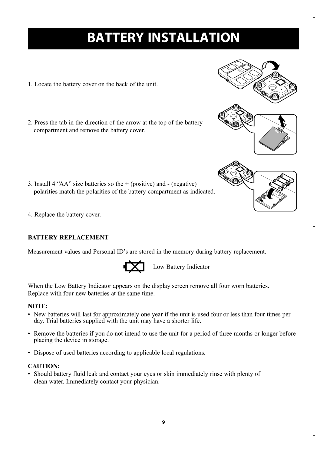 Omron HBF-400 instruction manual Battery Installation, Battery Replacement 