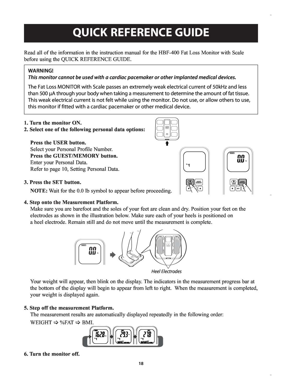 Omron HBF-400 Quick Reference Guide, Turn the monitor ON, Select one of the following personal data options 