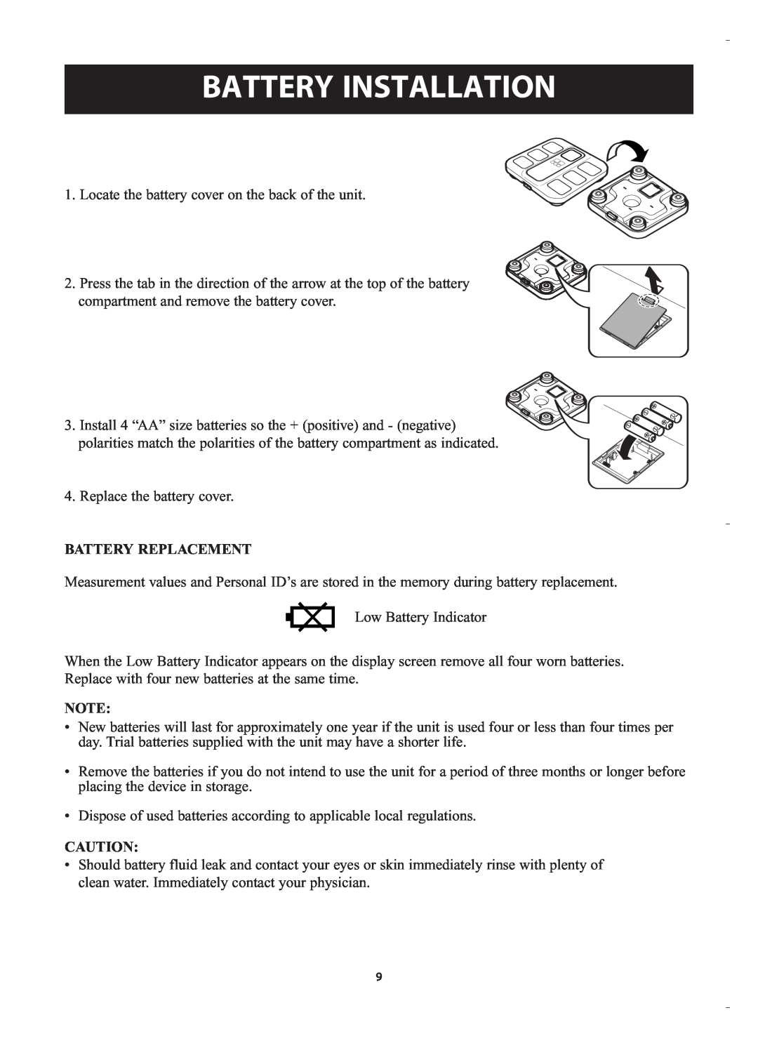 Omron HBF-400 instruction manual Battery Installation, Battery Replacement 