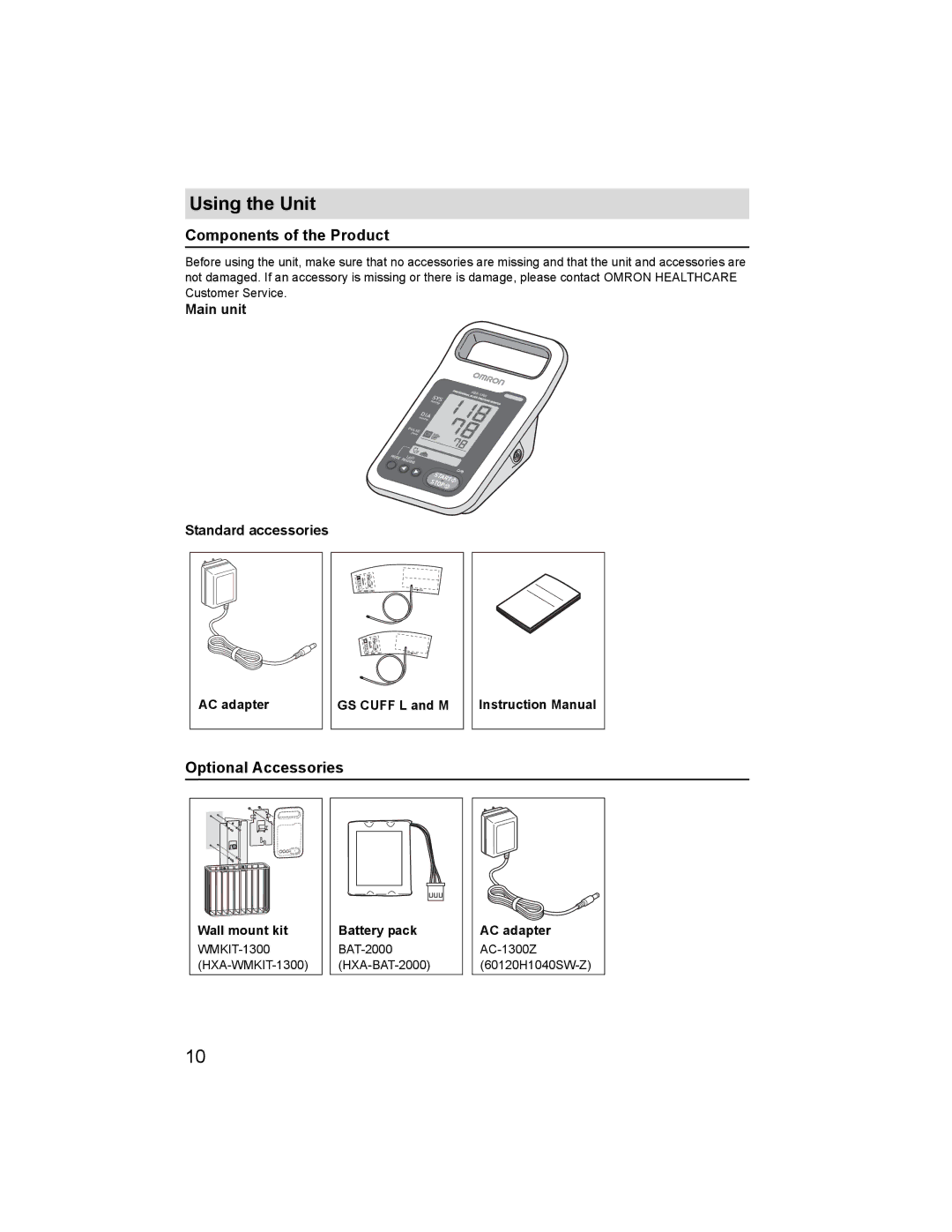 Omron HBP-1300 Using the Unit, Components of the Product, Optional Accessories, Main unit Standard accessories 