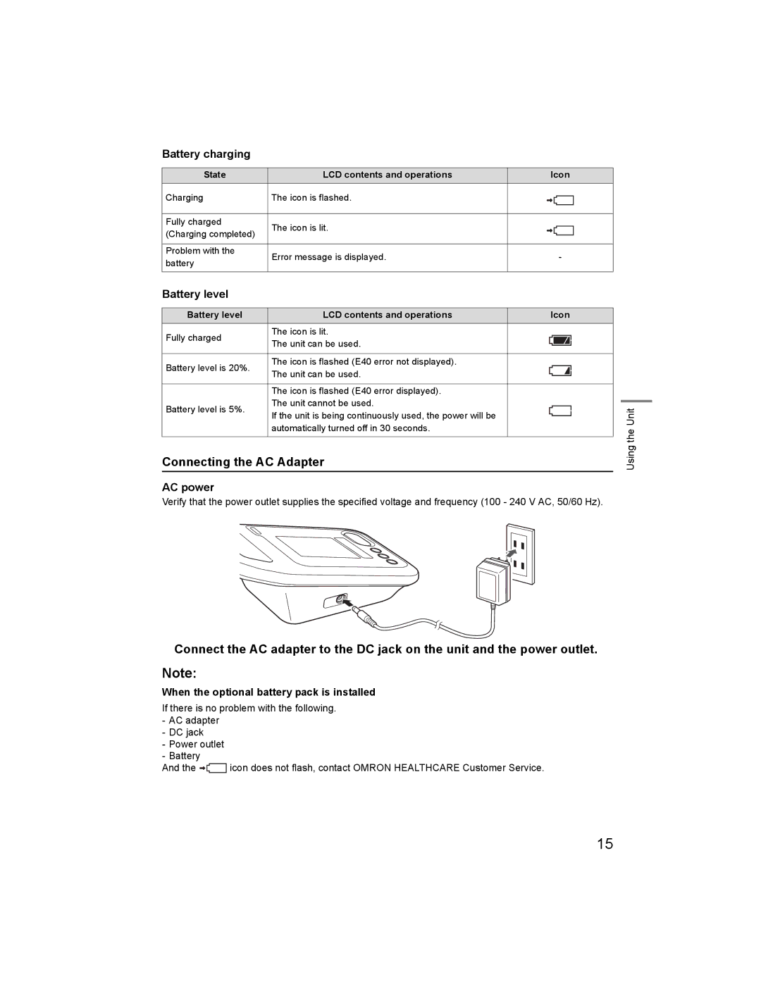 Omron HBP-1300 specifications Connecting the AC Adapter, Battery charging, Battery level, AC power 