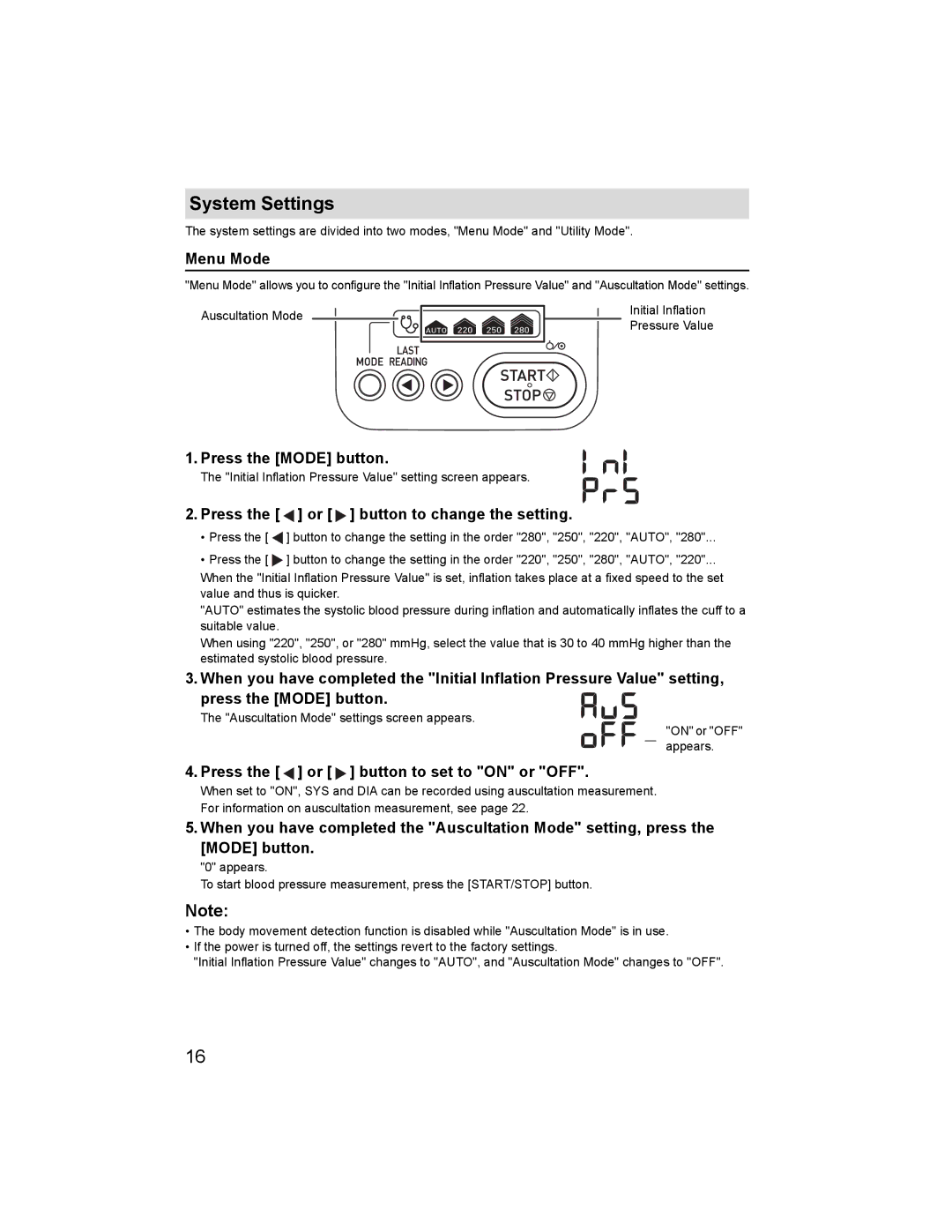 Omron HBP-1300 specifications System Settings, Menu Mode, Press the Mode button, Press the or button to change the setting 