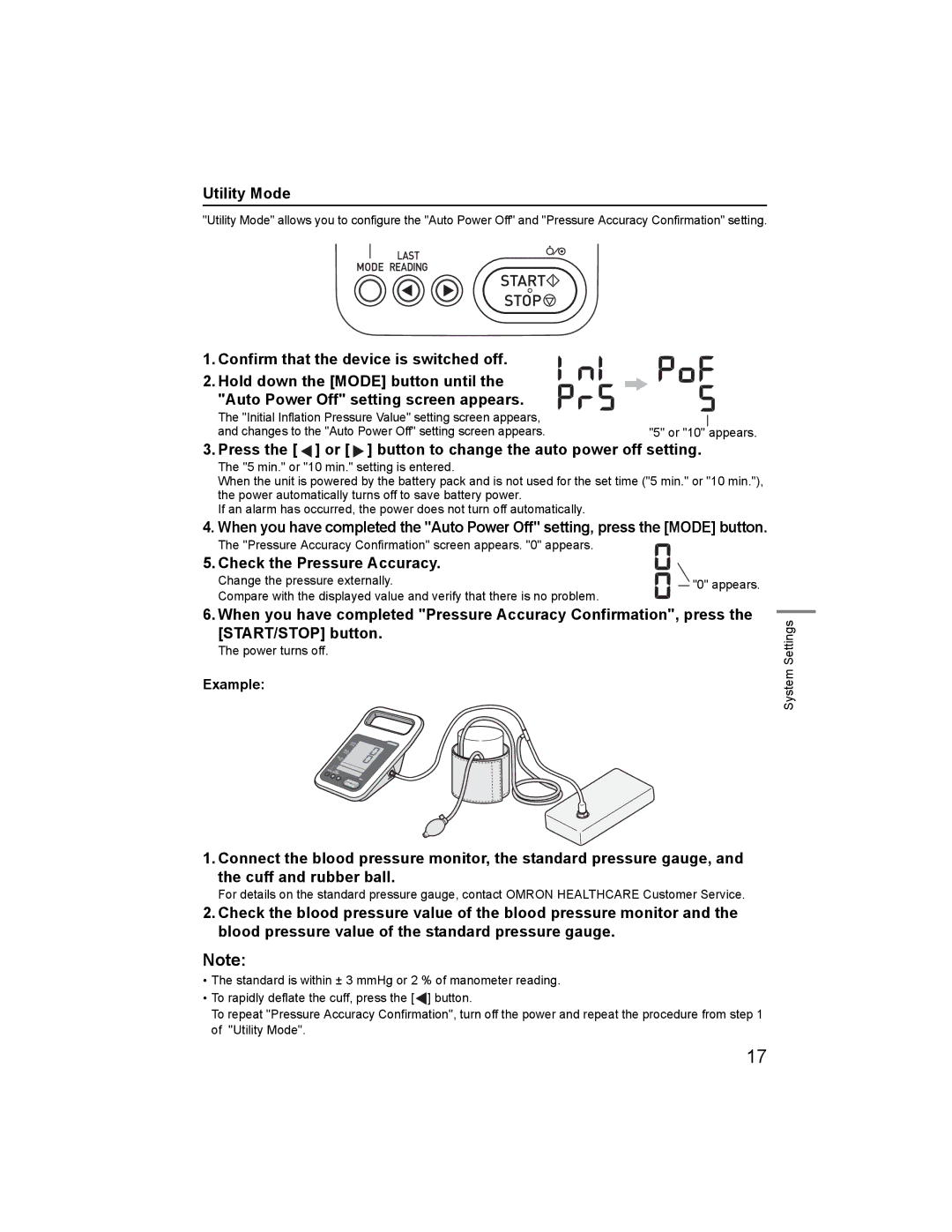 Omron HBP-1300 Utility Mode, Press the or button to change the auto power off setting, Check the Pressure Accuracy 